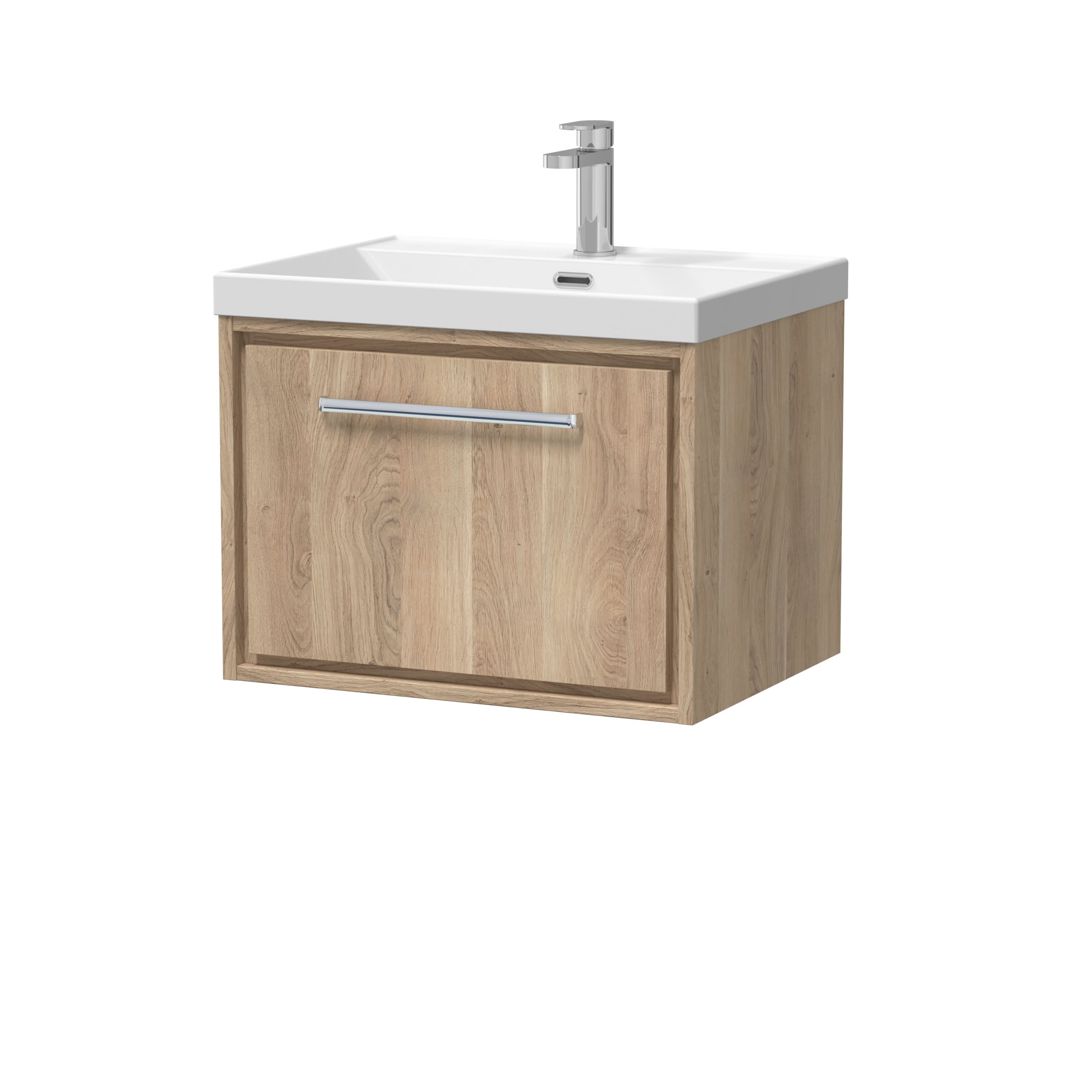 Hudson Reed Lille Wall Hung Vanity Unit with Basin, Durable Bathroom Furniture, Compact Modern Sink Cabinet with Soft Close Drawers in Bleached Oak, 610mm