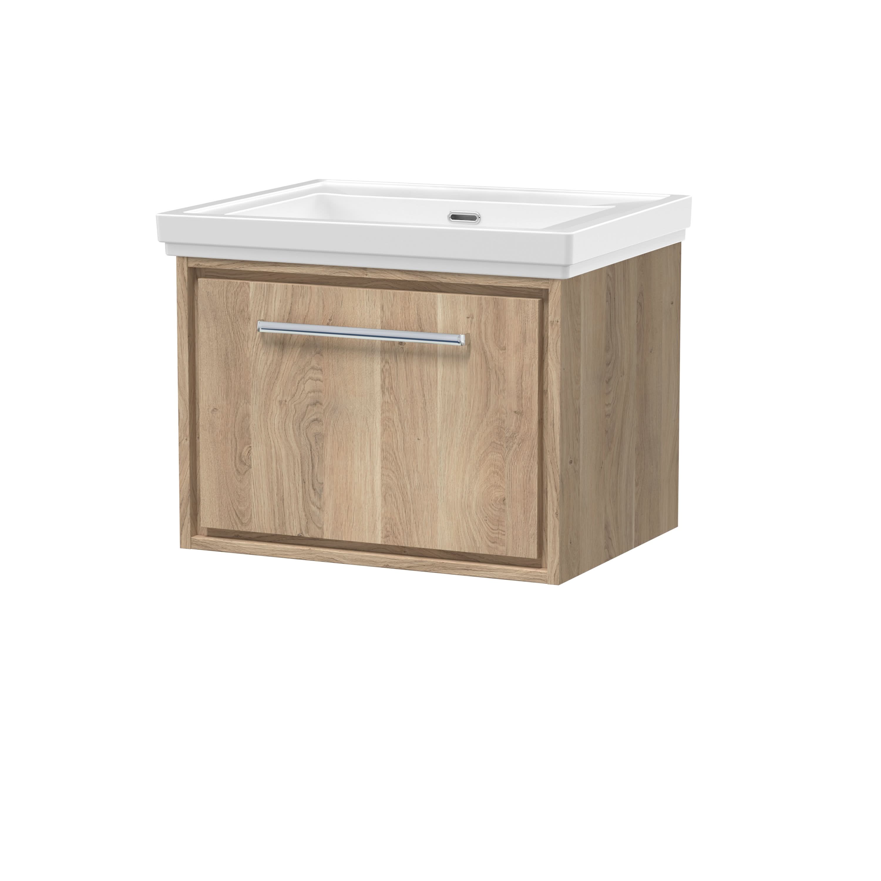 Hudson Reed Lille Wall Hung Vanity Unit with Fireclay Basin, Modern Bathroom Vanity with Drawers, Durable Bathroom Furniture, Sink Vanity Unit for Wall Mounted Taps in Bleached Oak, 630mm