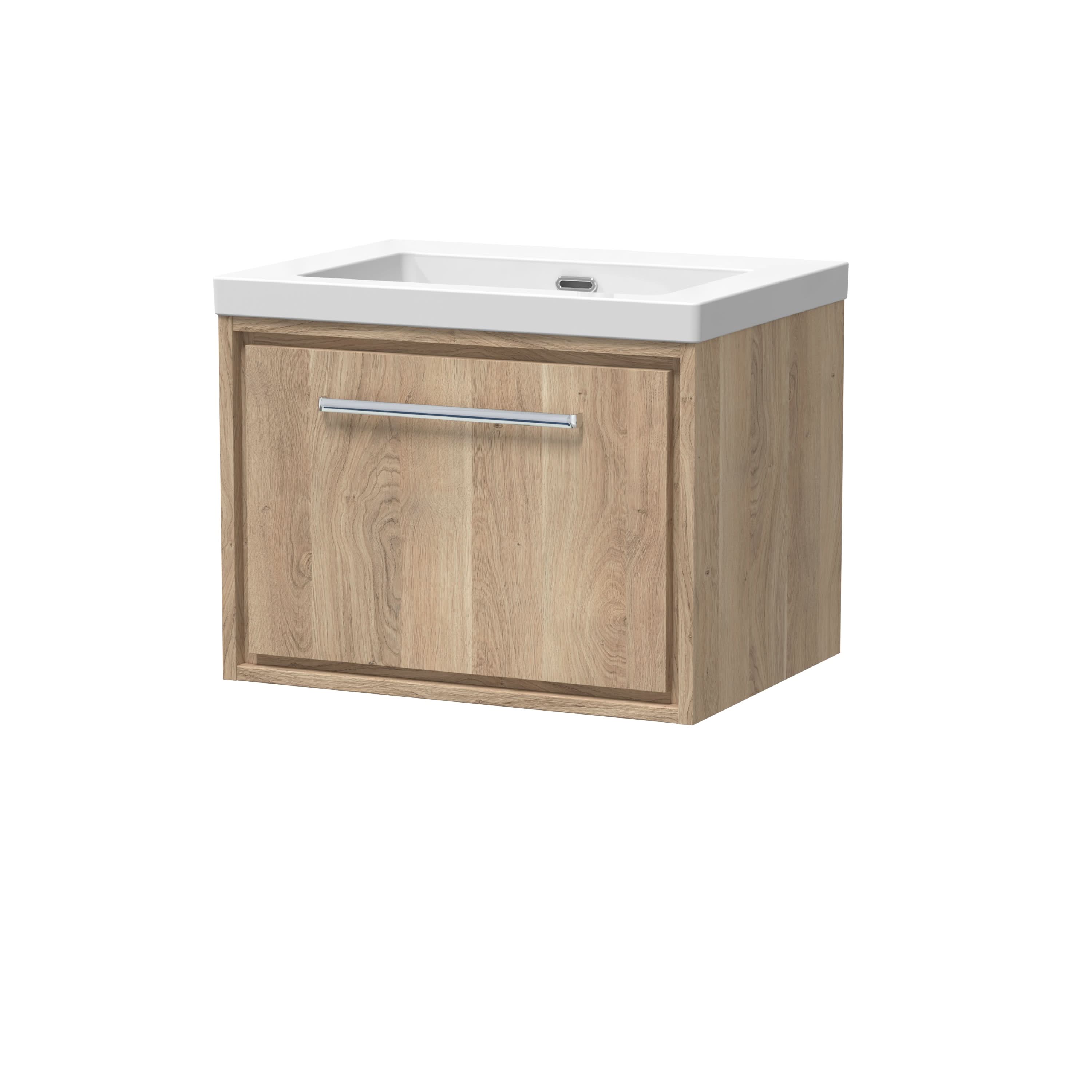 Hudson Reed Lille Wall Hung Vanity Unit with Fireclay Basin, Durable Bathroom Furniture, Compact Vanity Unit with Drawers for Modern Bathroom Interiors in Bleached Oak, 610mm