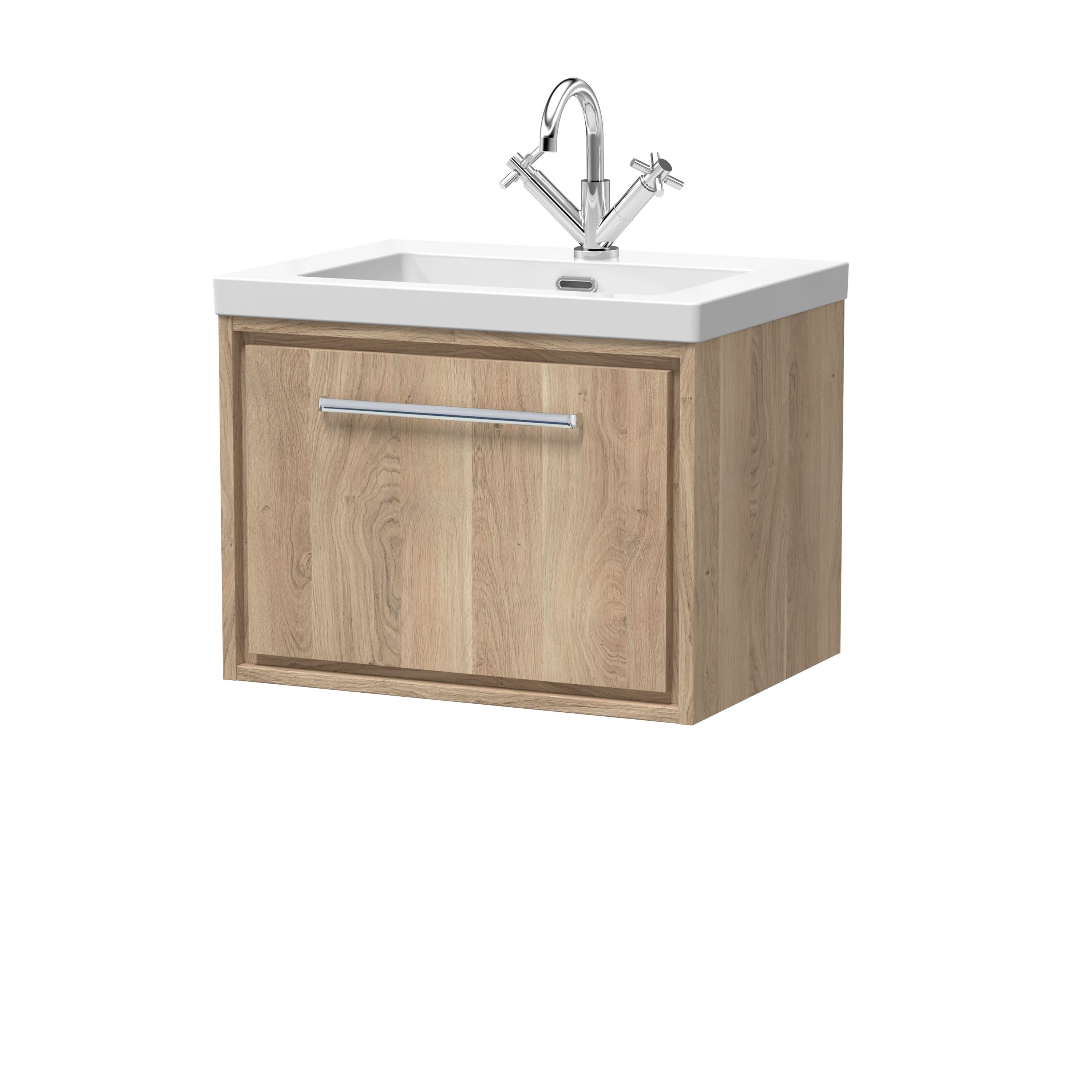 Hudson Reed Lille Wall Hung Vanity Unit with Basin, Compact Bathroom Vanity Unit with Drawers, 3 Tap Hole Sink Vanity Unit for Modern Bathrooms in Bleached Oak Finish, 600mm