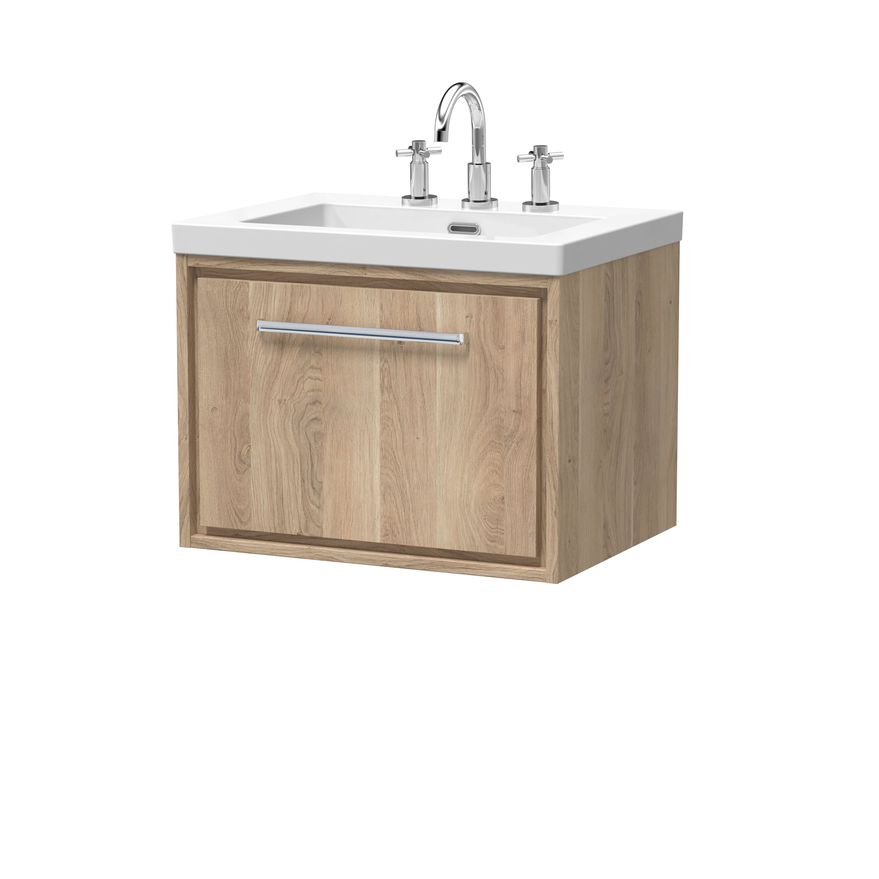 Hudson Reed Lille Wall Hung Vanity Unit with Basin, 3 Tap Hole Fireclay Sink, Modern Vanity Unit for Bathroom, Soft Close Drawers, Compact Sink Vanity Unit in Bleached Oak, 600mm