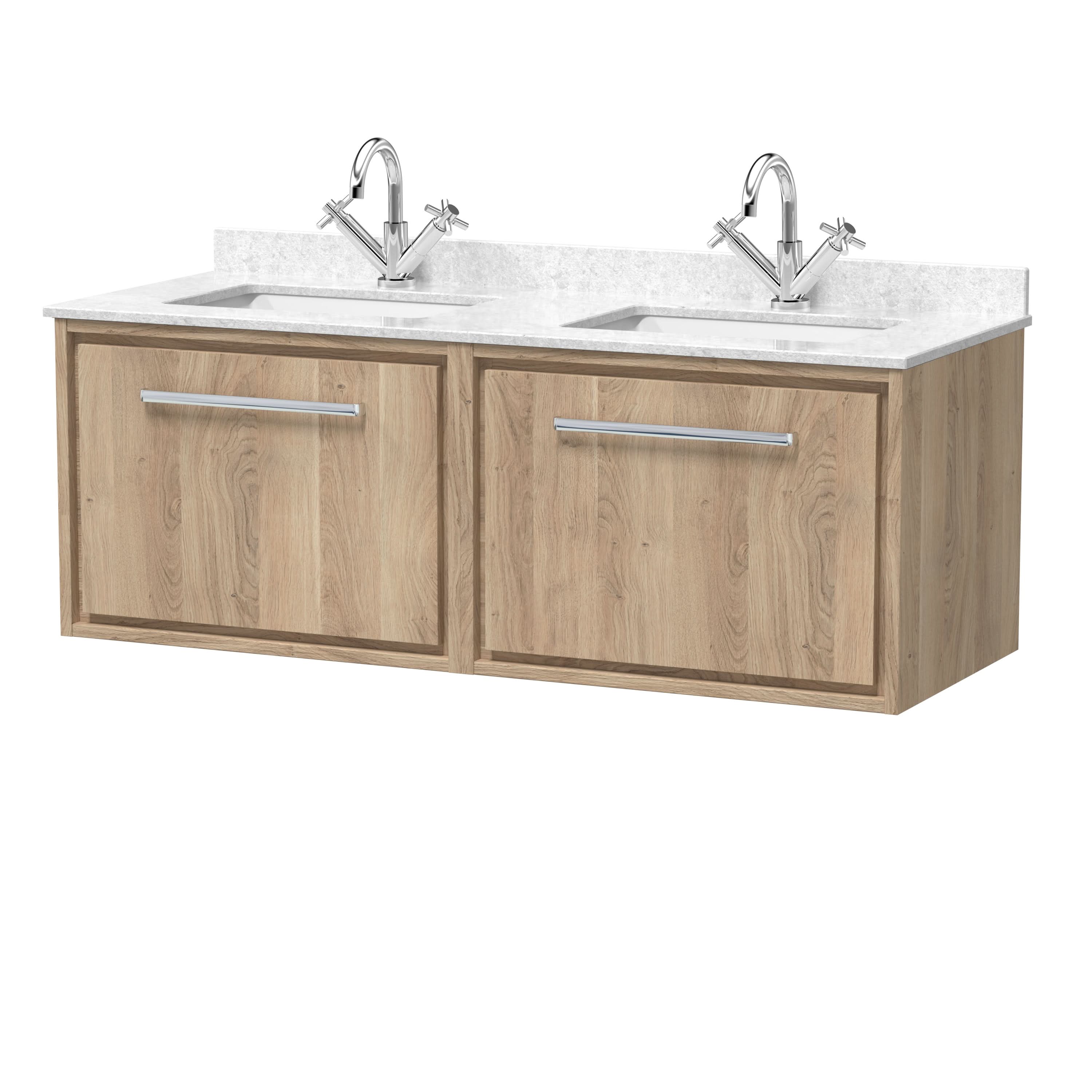 Hudson Reed Lille Wall Hung Vanity Unit with Double Marble Worktop Basins, Luxury Bathroom Vanity Unit with Soft Close Drawer in Bleached Oak, 1200mm