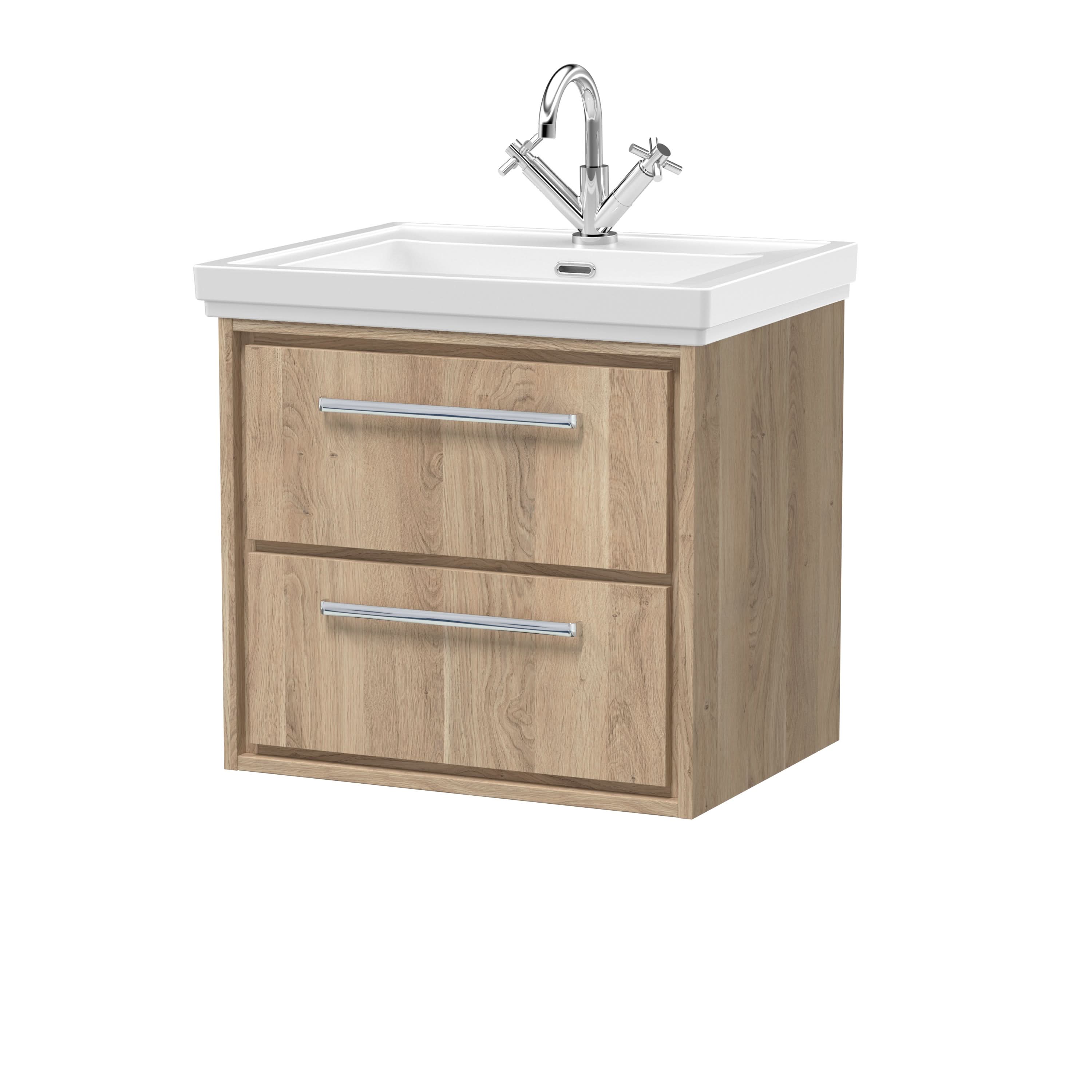 Hudson Reed Lille Wall Hung Vanity Unit with Basin, 2 Soft-Close Drawers, Contemporary Sink Vanity for Modern Bathrooms in Bleached Oak Finish, 600mm