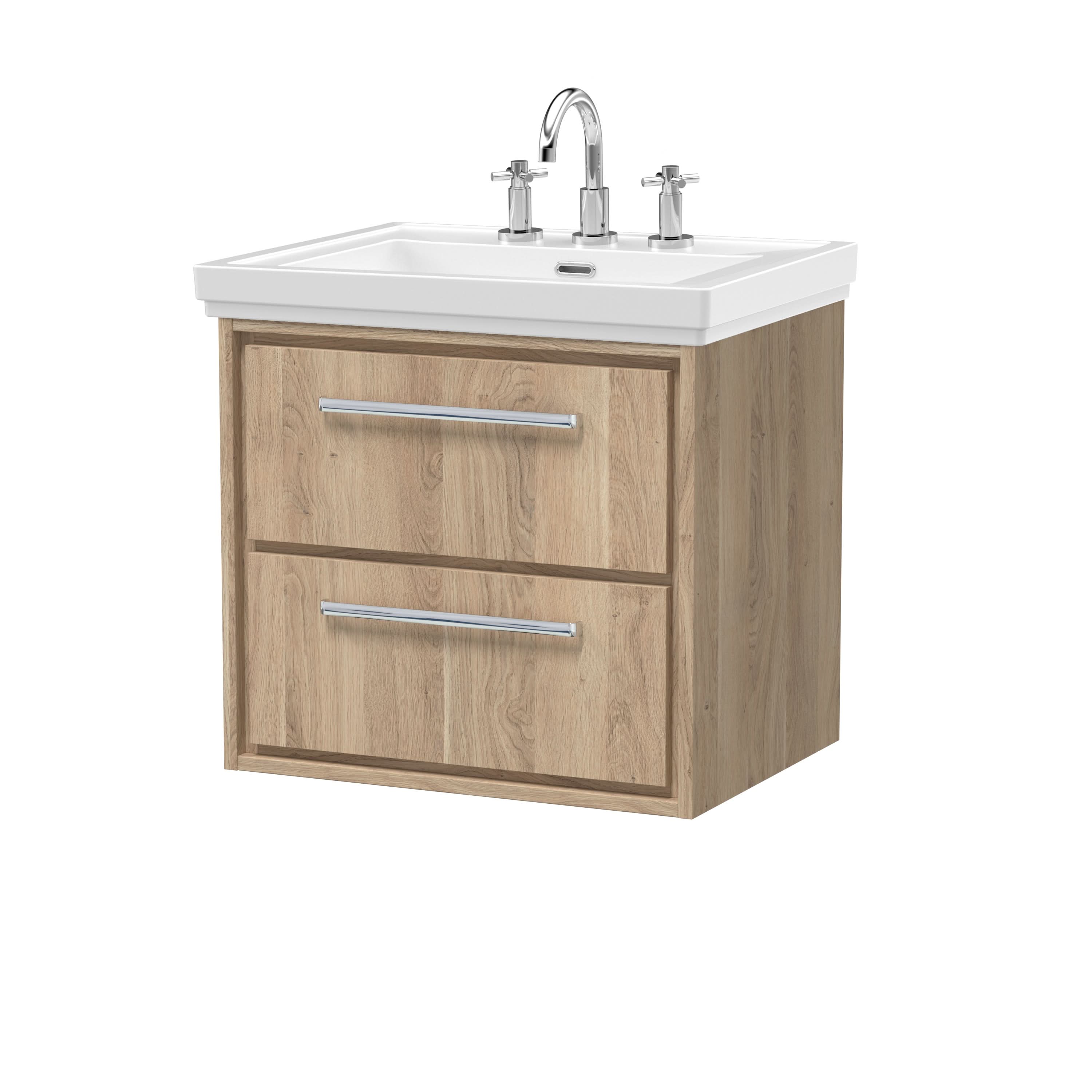 Hudson Reed Lille Wall Hung Vanity Unit with 2 Soft Close Drawers and 3 Tap Hole Basin, Compact Sink Vanity Unit for Modern Bathrooms in Bleached Oak Finish, 600mm