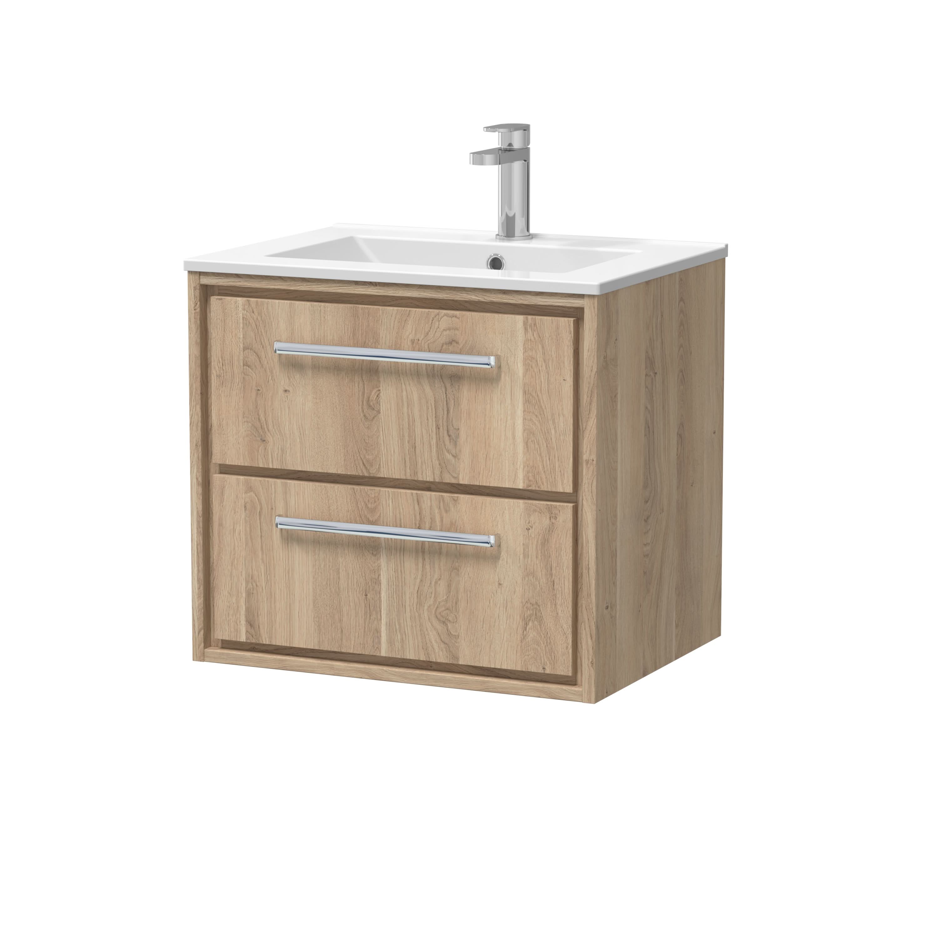 Hudson Reed Lille Wall Hung Vanity Unit with 2 Soft Close Drawers and 1TH Vitreous China Basin, Compact Sink Vanity Unit for Modern Bathrooms in Bleached Oak, 600mm