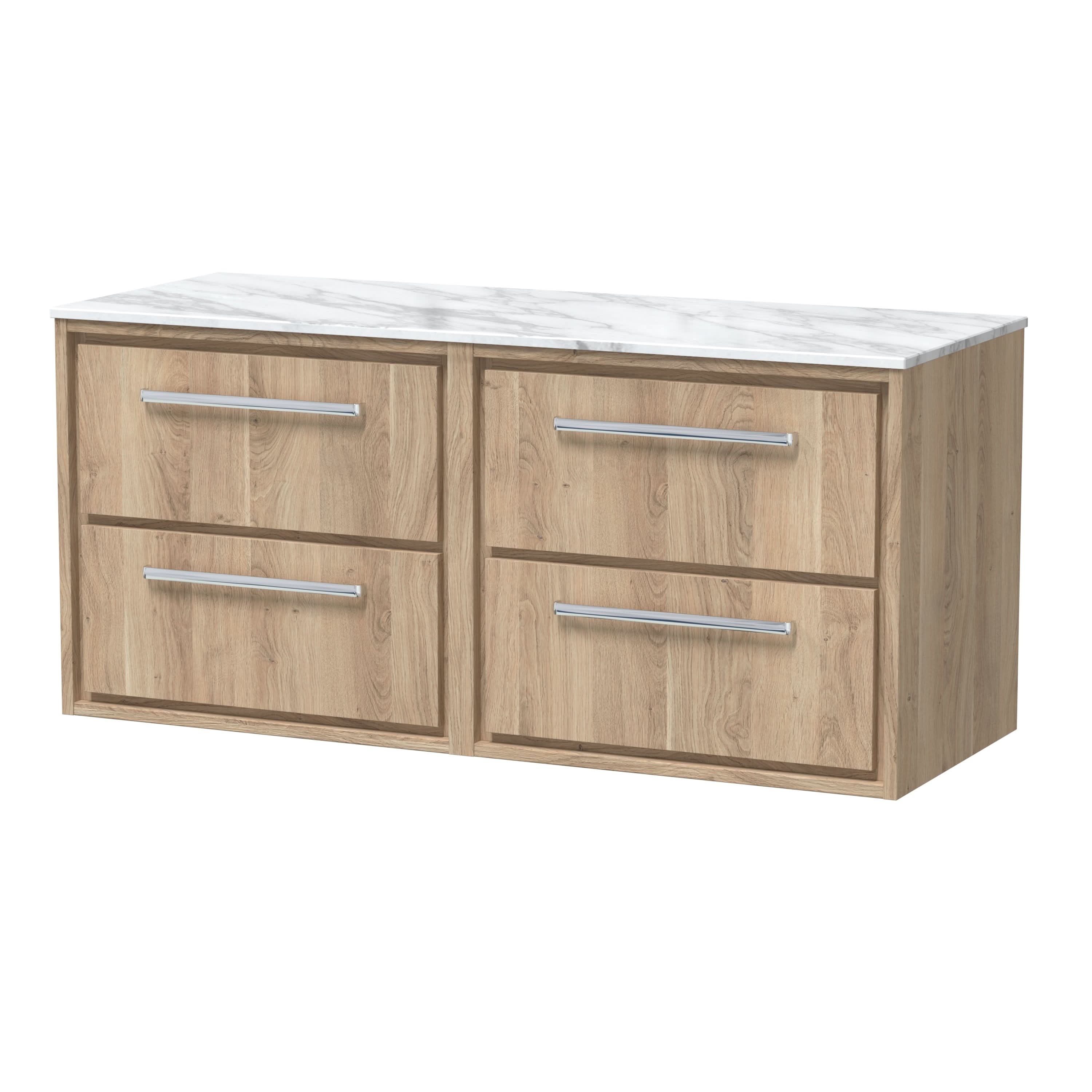 Hudson Reed Lille Countertop Vanity Unit with 4 Drawers & Marble Worktop, Luxury Wall Hung Counter Top Vanity Unit for Vessel Basins in Bleached Oak, 1200mm