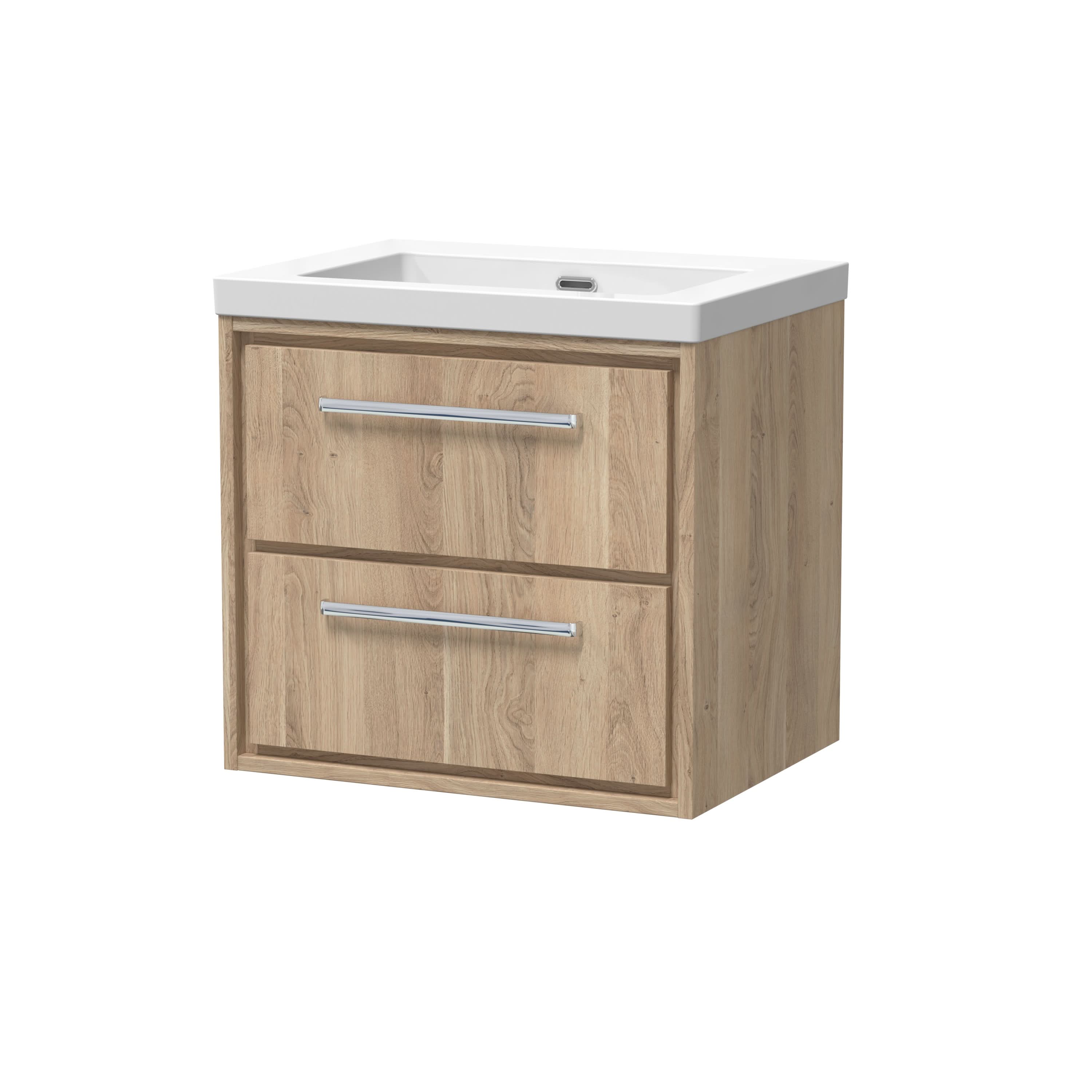Hudson Reed Lille Wall Hung Vanity Unit with 2 Drawers and Fireclay Basin, Modern Sink Vanity Unit, Durable Bathroom Furniture built in Premium Bleached Oak Finish, 600mm