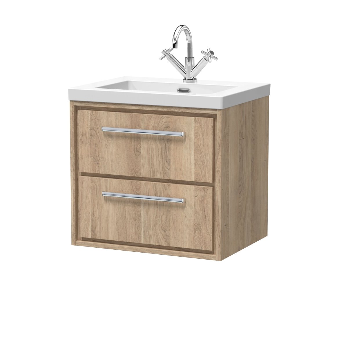 Hudson Reed Lille Wall Hung Vanity Unit with Basin, 2 Soft Close Drawers, Durable Bathroom Finish, Sink Vanity Unit for Modern Bathrooms in Bleached Oak Finish, 600mm