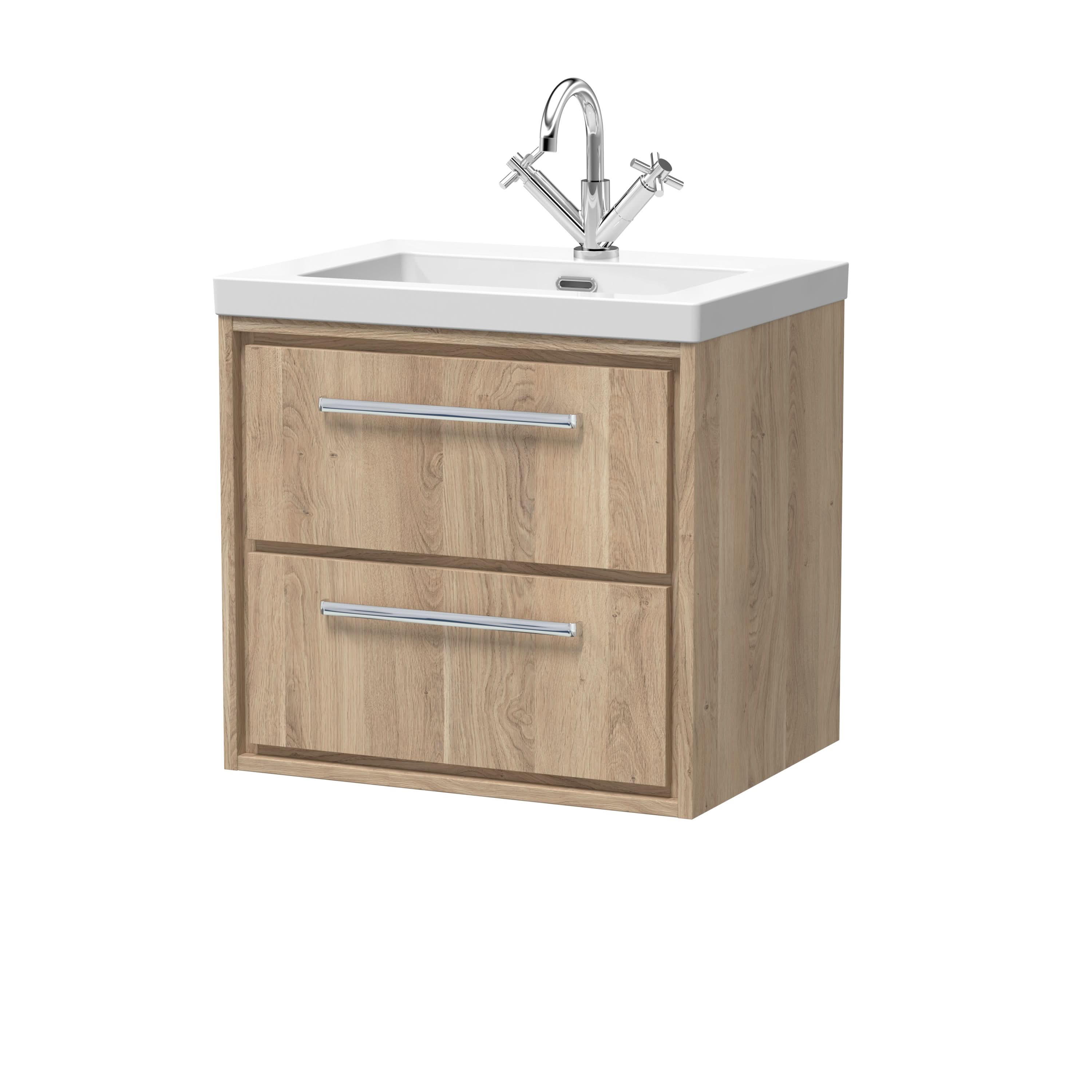 Hudson Reed Lille Wall Hung Vanity Unit with Basin, 2 Soft Close Drawers, Durable Bathroom Finish, Sink Vanity Unit for Modern Bathrooms in Bleached Oak Finish, 600mm