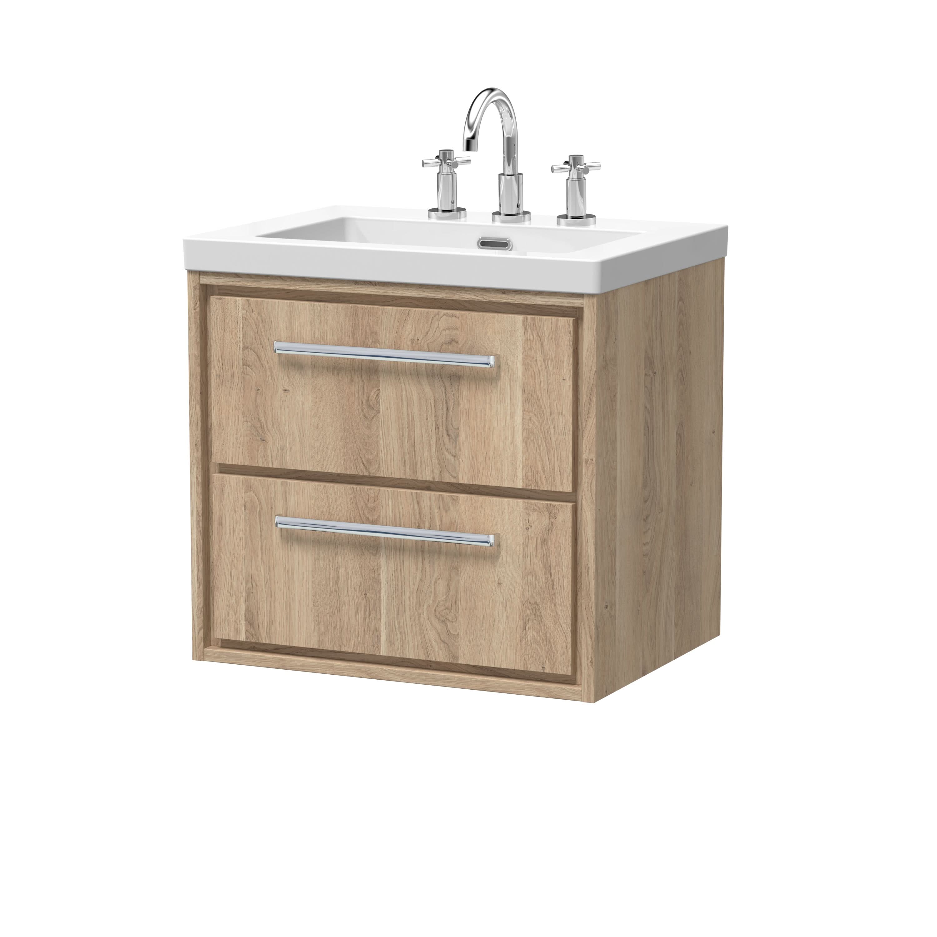 Hudson Reed Lille 600mm Wall Hung Vanity Unit with 2 Soft Close Drawers and 3TH Fireclay Basin, Modern Bathroom Vanity Unit with Basin in Bleached Oak, 600mm