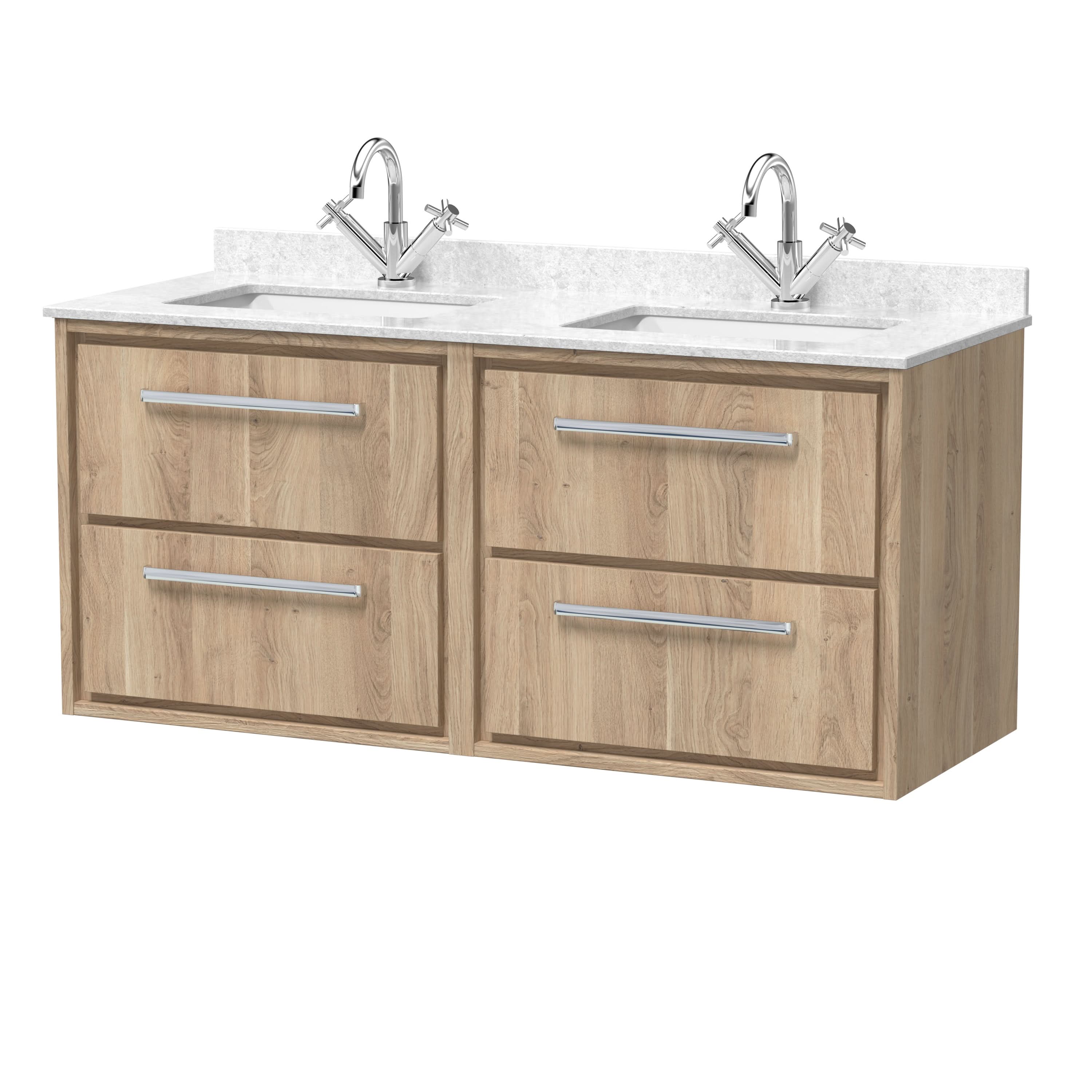 Hudson Reed Lille Wall Hung Vanity Unit with Marble Worktop and Basin, 2 Soft Close Drawers, Modern Bathroom Vanity Unit with Basin and Storage Solution in Bleached Oak, 600mm