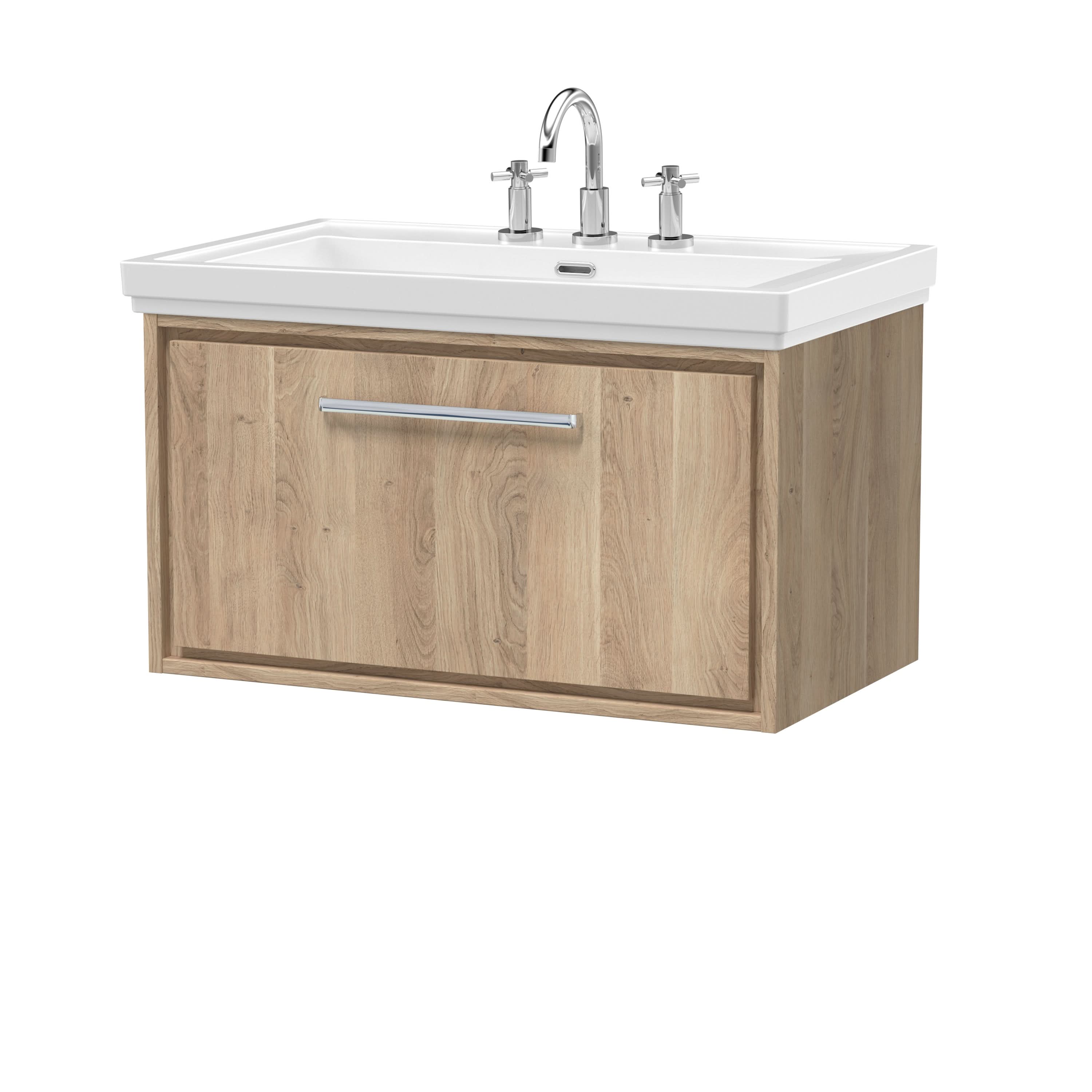 Hudson Reed Lille Wall Hung Vanity Unit with Basin 3 Tap Holes, Soft Close Drawers, Modern Vanity Unit with Drawer, Sink Vanity Unit for Bathroom in Bleached Oak, 800mm