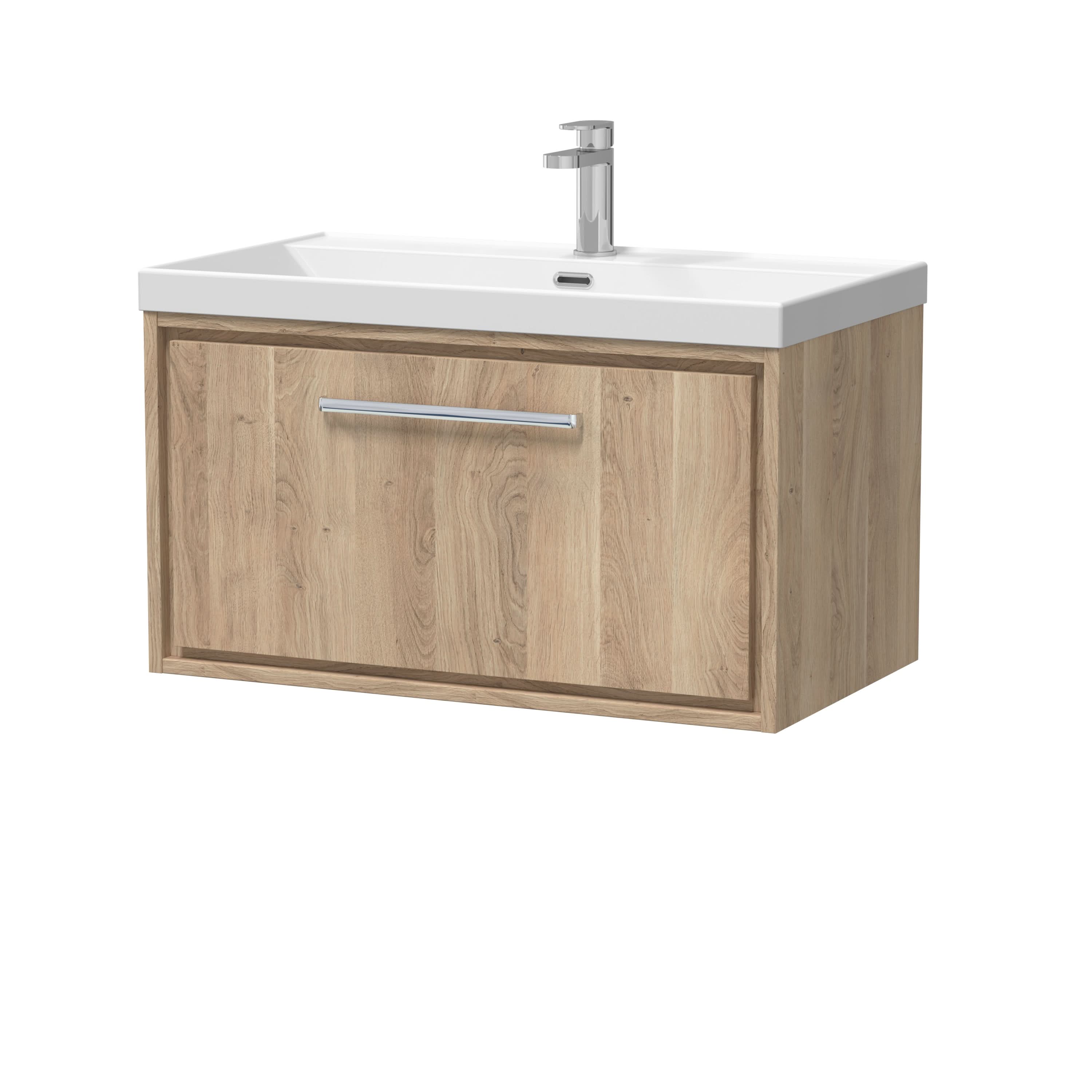 Hudson Reed Lille Wall Hung Vanity Unit with Basin 1TH, Modern Sink Vanity Unit with Drawer, Compact Bathroom Vanity Unit with Soft Close Drawer in Bleached Oak, 800mm