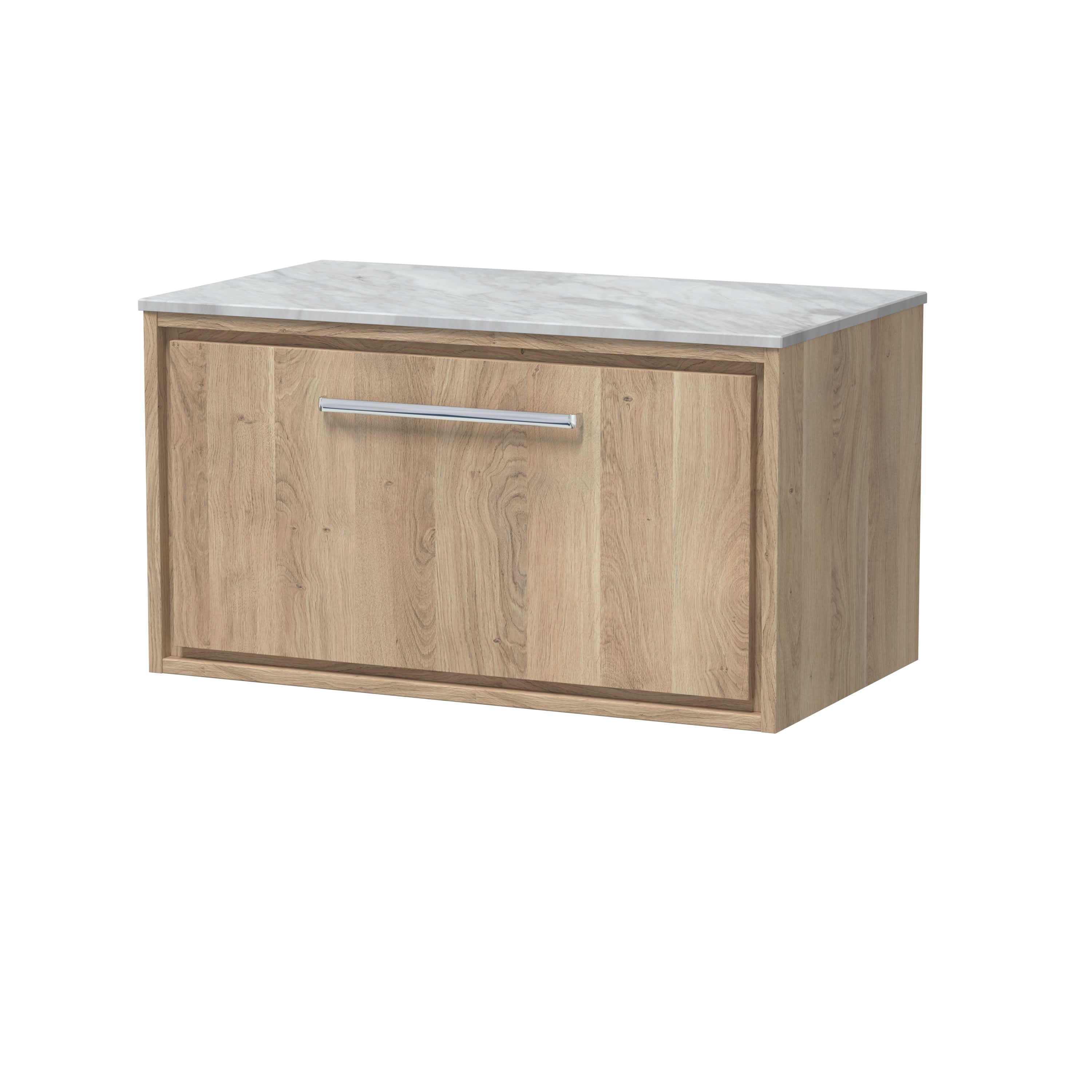 Hudson Reed Lille Countertop Basin Unit, Wall Hung Vanity with Drawer, Marble Top Vanity Unit, Modern Luxury Bathroom Furniture in Bleached Oak, 800mm