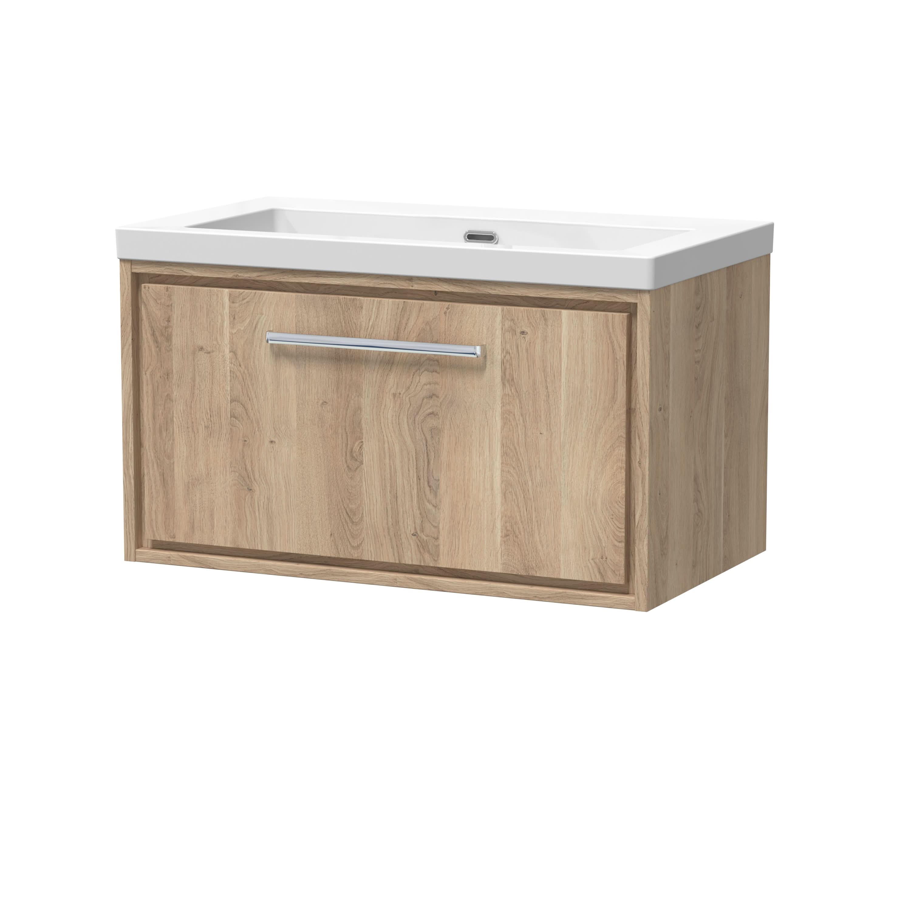Hudson Reed Lille Wall Hung Vanity Unit with Fireclay Basin, Soft Close Drawer, Sink Vanity Unit for Wall Mounted Taps, Bathroom Vanity Units in Bleached Oak, 800mm