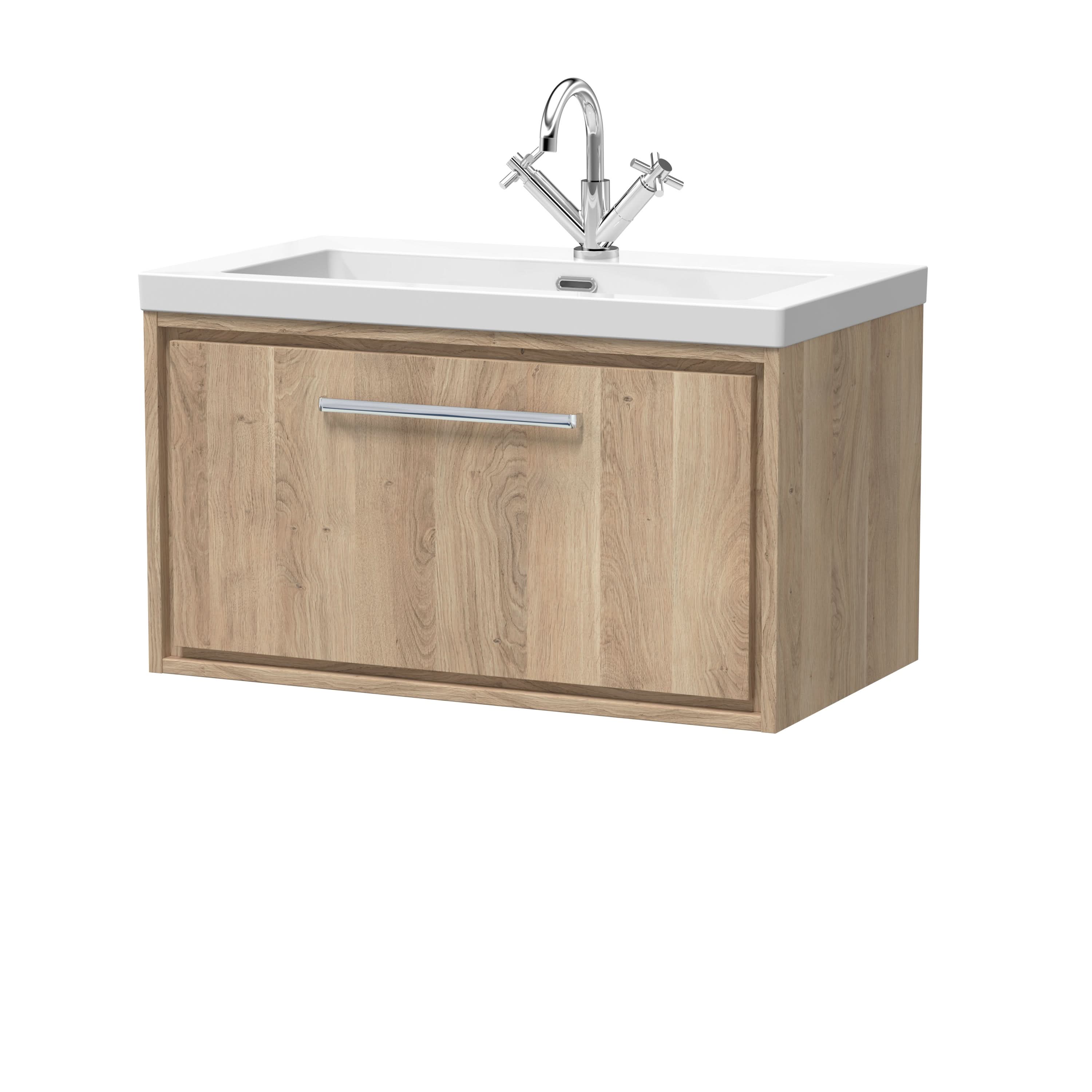 Hudson Reed Lille Wall Hung Vanity Unit with 3TH Fireclay Basin, Soft Close Drawer, Contemporary Bathroom Vanity Unit with Basin in Bleached Oak, 800mm