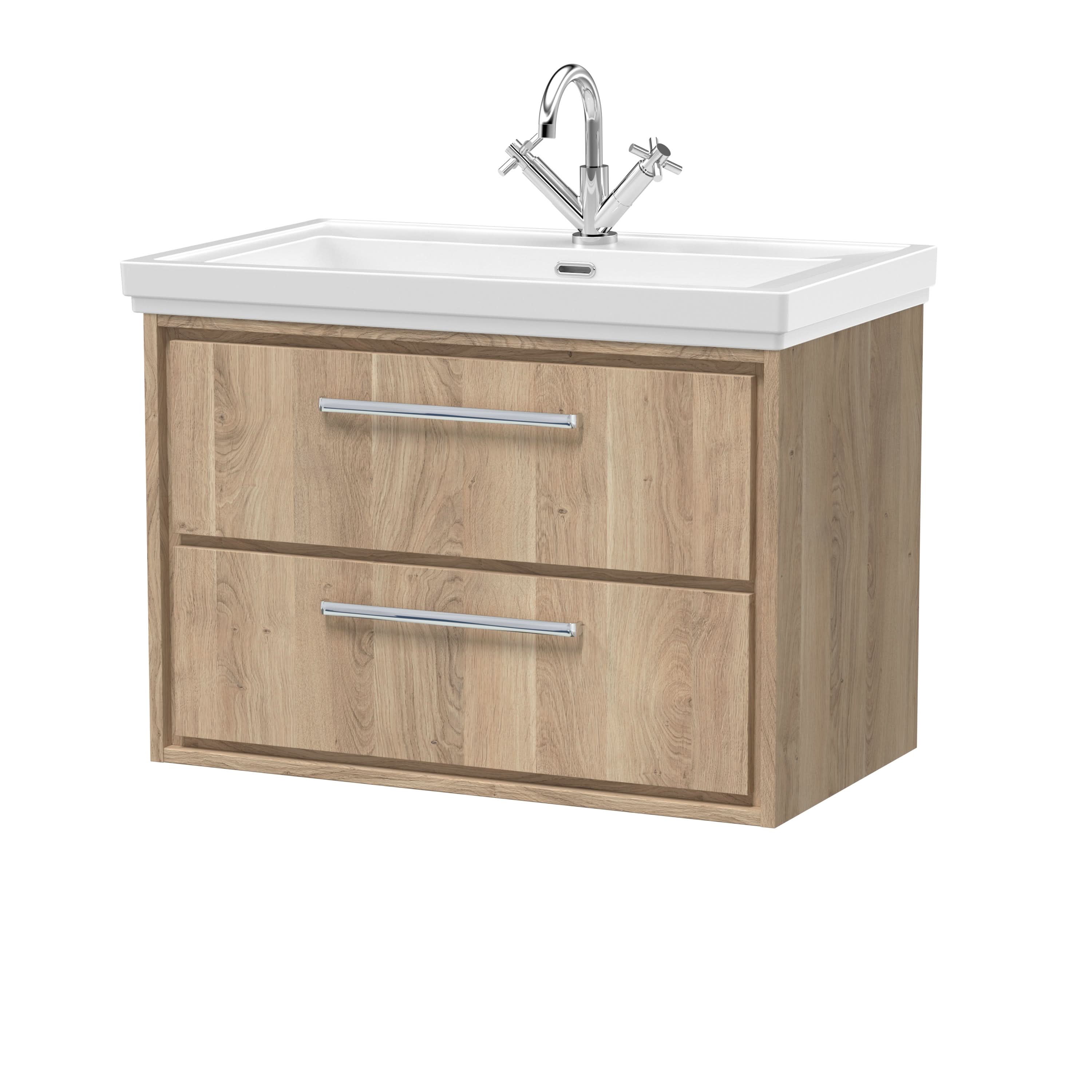 Hudson Reed Lille Wall Hung Vanity Unit with 2 Soft-Close Drawers & Fireclay Basin 1 Tap Hole, Modern Sink Vanity Unit for Bathroom Spaces in Bleached Oak, 800mm