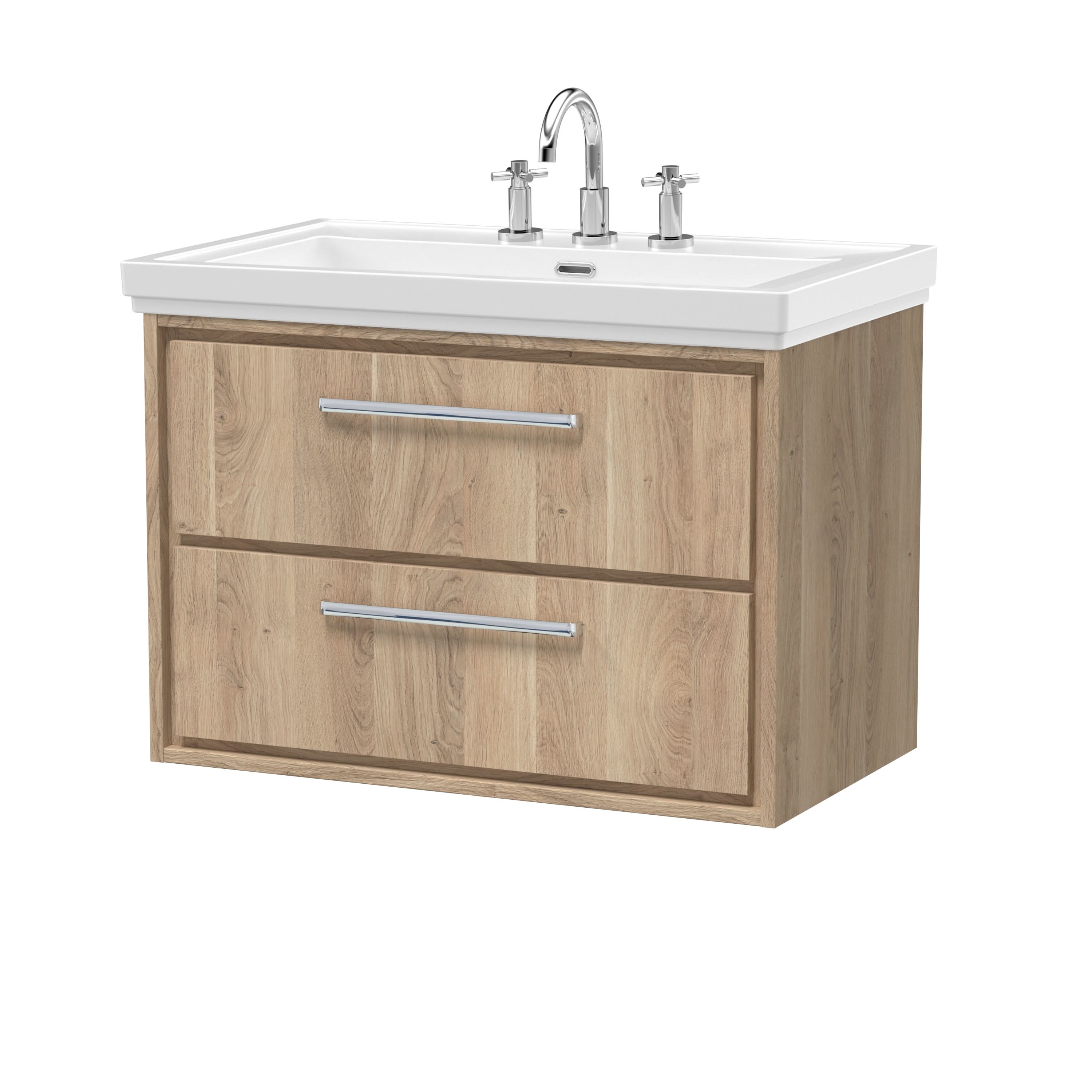 Hudson Reed Lille Wall Hung Vanity Unit with 2 Soft-Close Drawers and Fireclay Basin 3 Tap Hole, Wall Hung Vanity Units, Bathroom Vanity Unit in Bleached Oak, 800mm