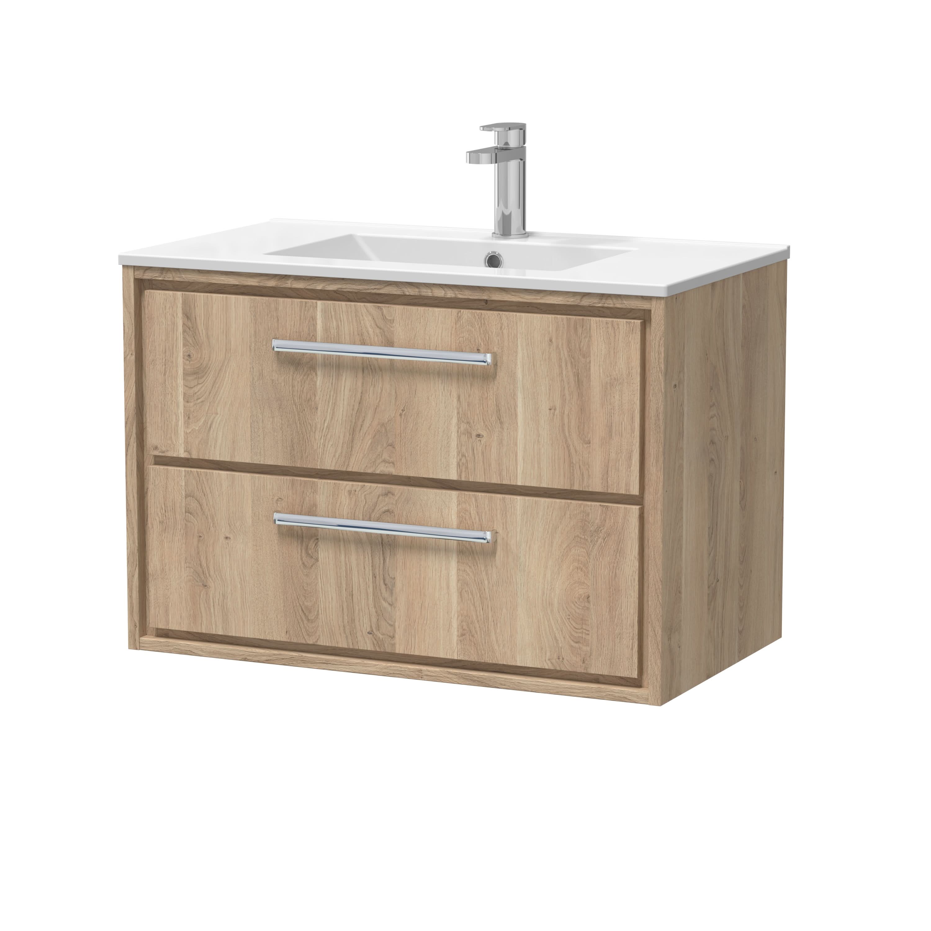 Hudson Reed Lille Wall Hung Vanity Unit with 2 Soft Close Drawers and 1TH Vitreous China Basin, Modern Sink Vanity Unit for Bathroom Storage in Bleached Oak, 800mm