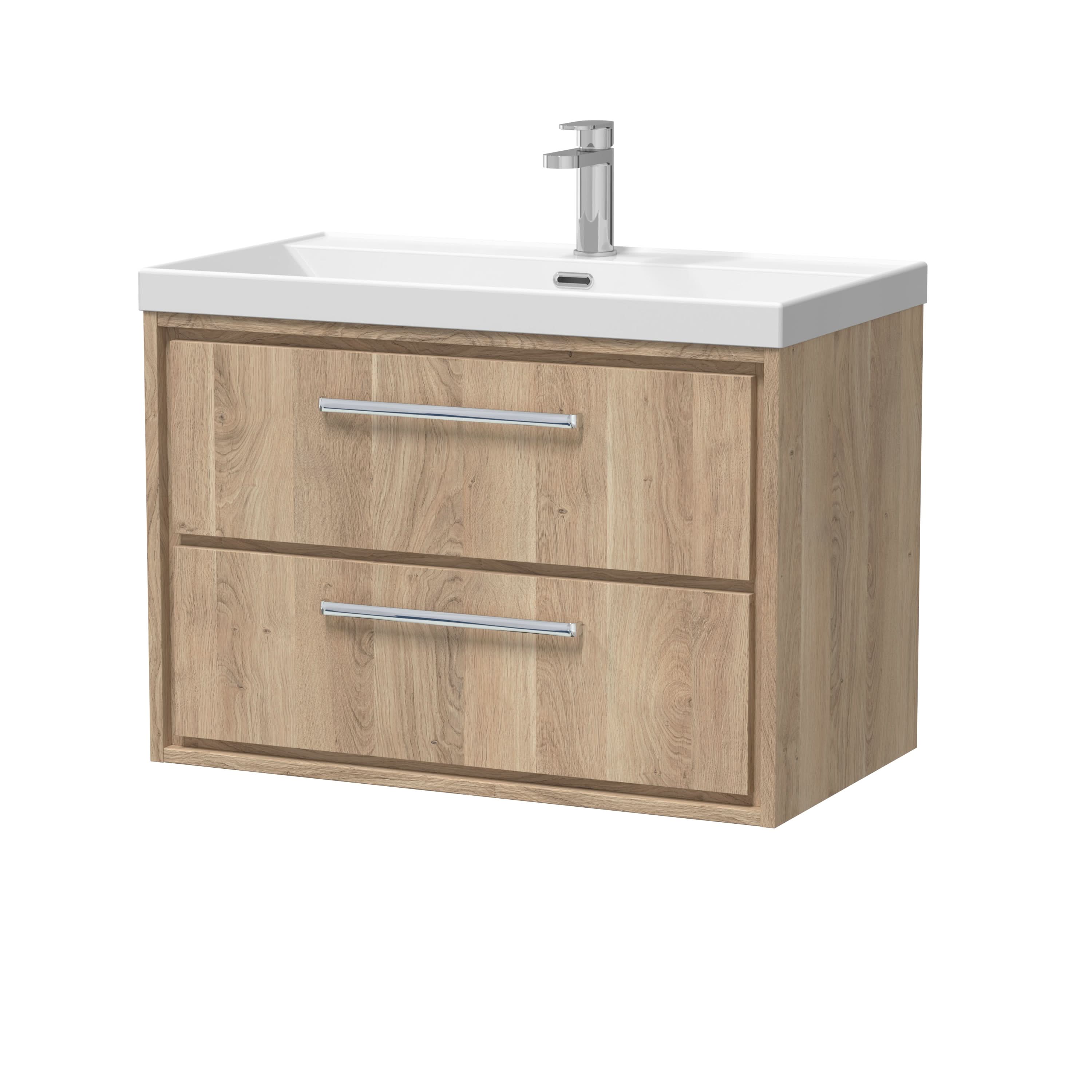 Hudson Reed Lille Wall Hung 2-Drawer Vanity Unit with Basin 1 Tap Hole, Soft Close Modern Bathroom Vanity Unit with Storage, Pre-Assembled in Bleached Oak, 800mm