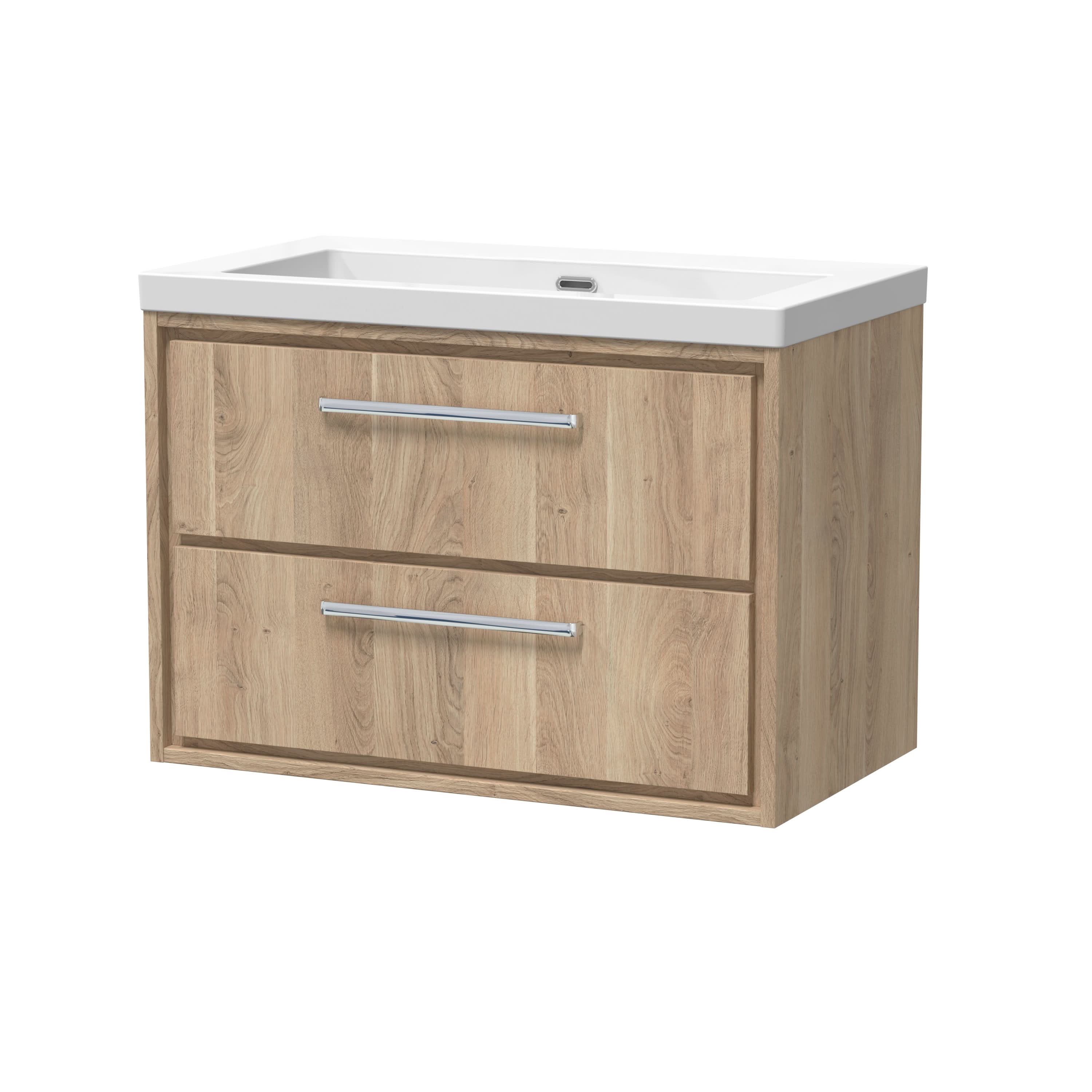 Hudson Reed Lille Wall Hung Vanity Unit with Basin, 2 Soft Close Drawers, Durable D-Handle Bathroom Sink Storage Cabinet in Premium Bleached Oak Finish, 800mm