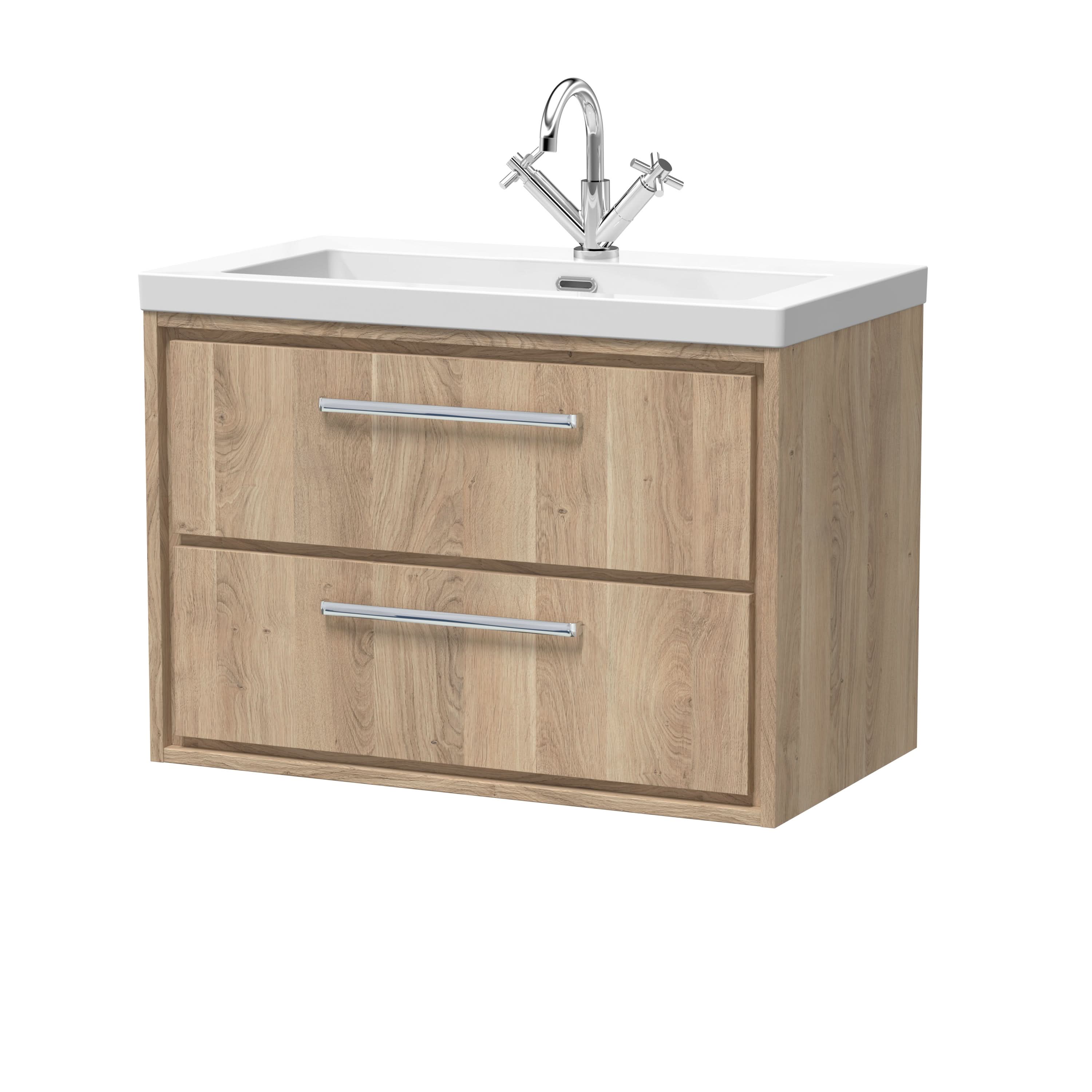 Hudson Reed Lille Wall Hung Vanity Unit with Basin, 1 Tap Hole, 2 Soft Close Drawers, Bathroom Sink Storage, Modern D-Handle Design in Bleached Oak Finish, 800mm