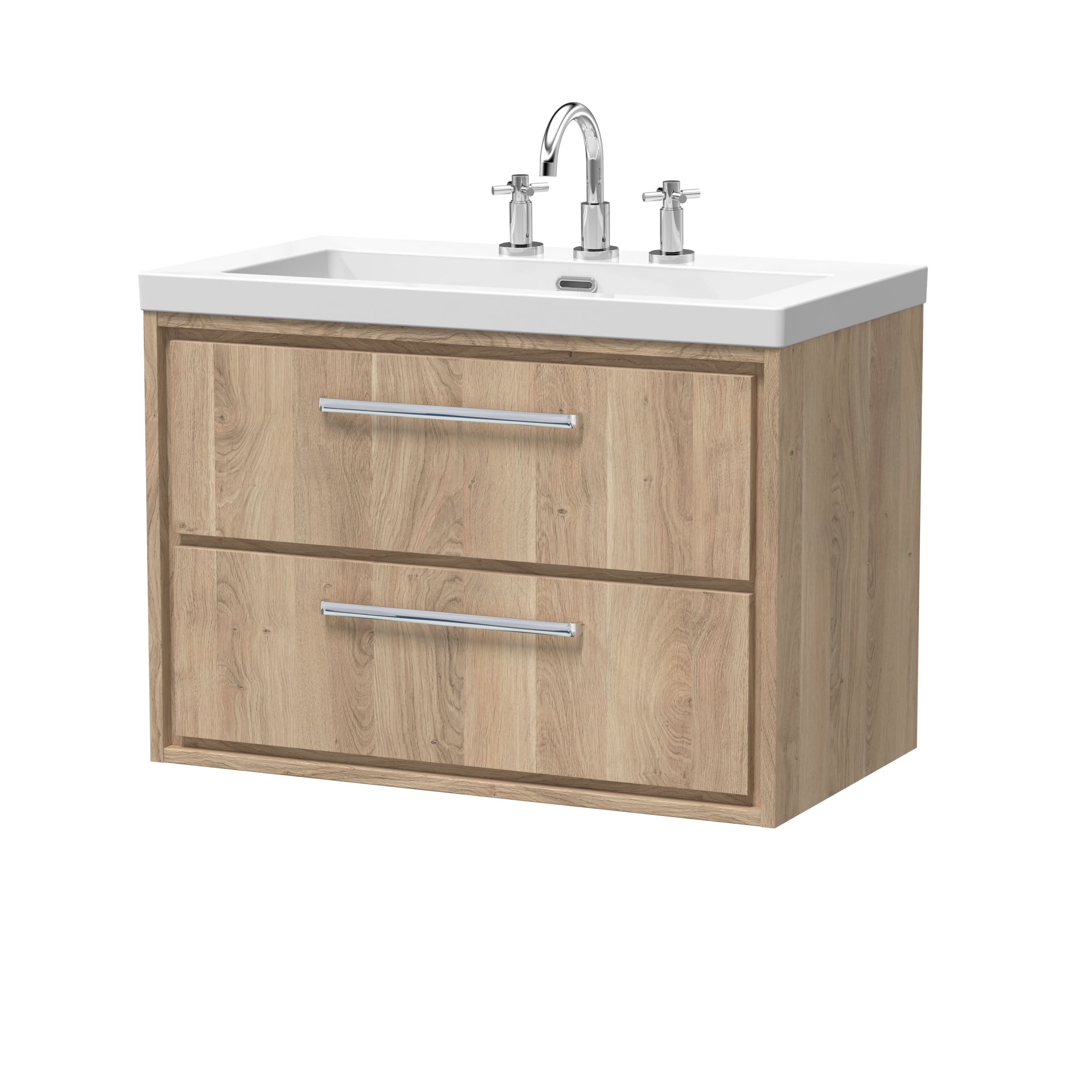 Hudson Reed Lille Wall Hung Vanity Unit with Basin 3 Tap Holes, 2 Soft Close Drawers, Bathroom Sink Cabinet, MFC Woodgrain Design in Bleached Oak Finish, 800mm