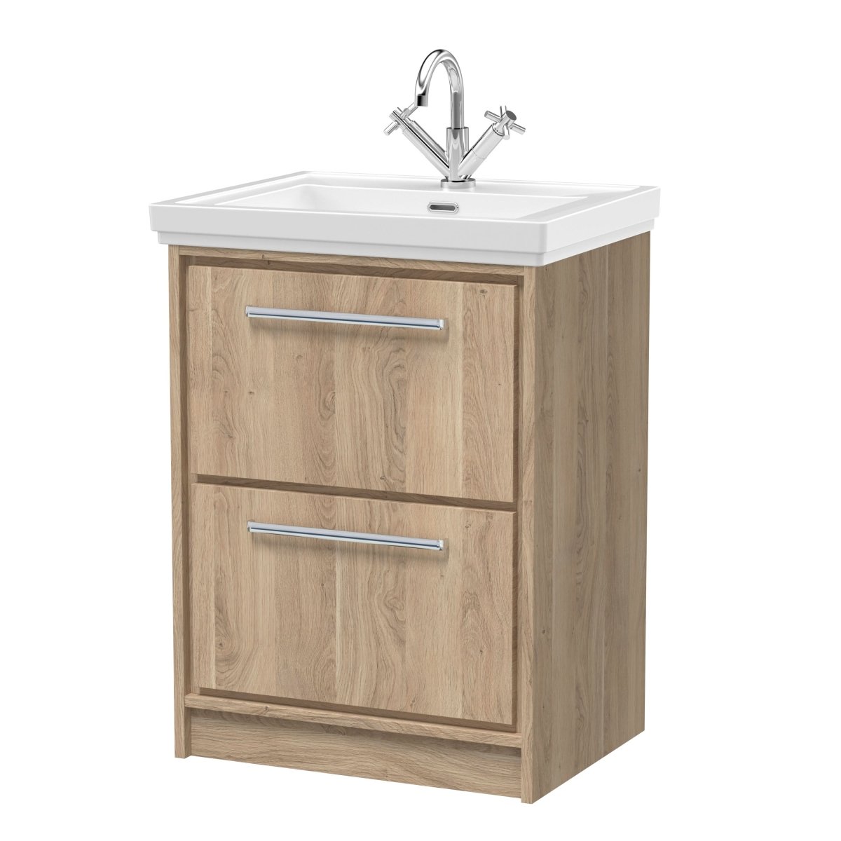 Hudson Reed Lille Floor Standing Vanity Unit with Basin, 1 Tap Hole, 2 Soft Close Drawers, Modern Bathroom Storage Sink Cabinet in Bleached Oak Finish, 600mm