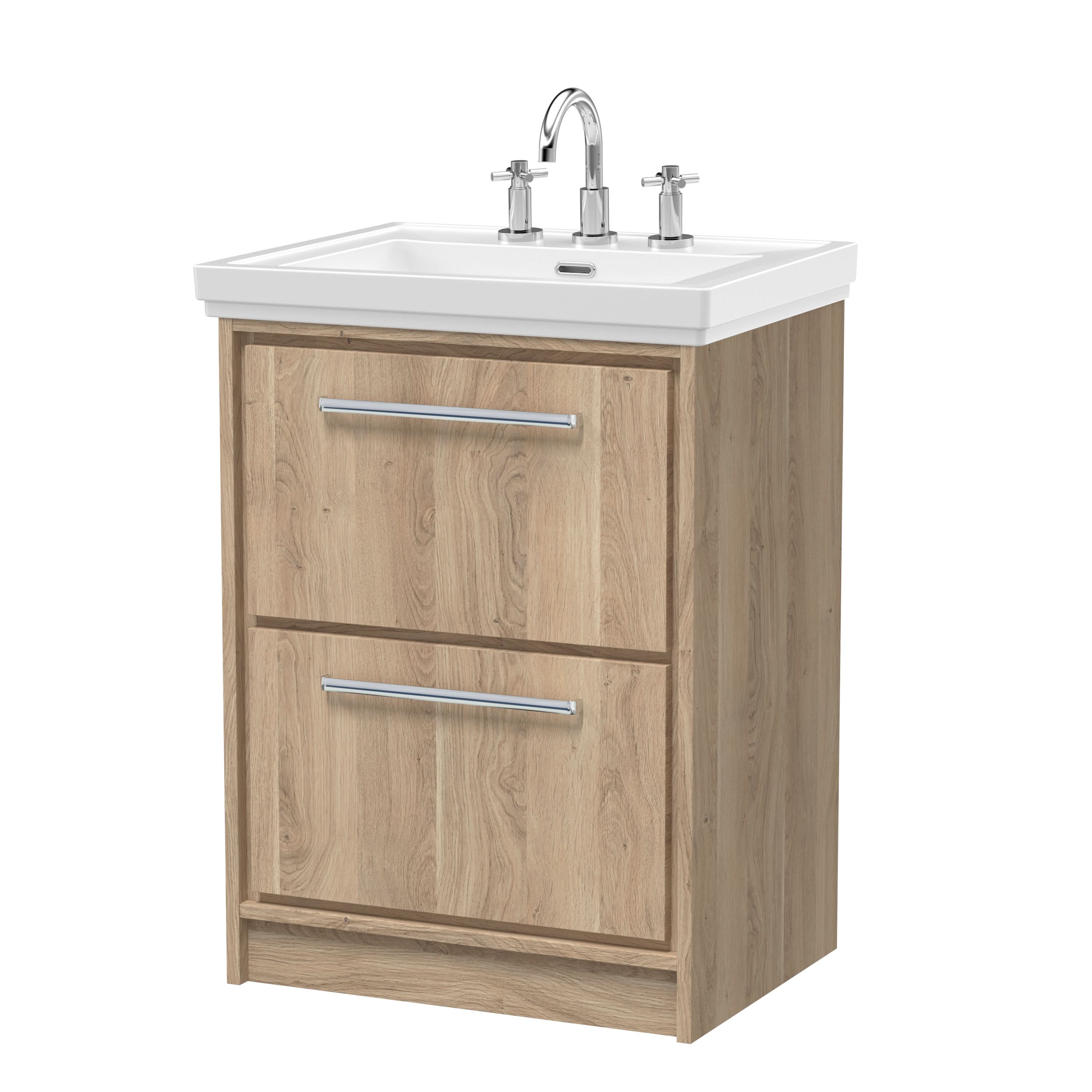 Hudson Reed Lille Floor Standing Vanity Unit with Basin 3 Tap Holes, 2 Soft Close Drawers, Modern Sink Cabinet for Compact Bathroom Storage in Bleached Oak, 600mm
