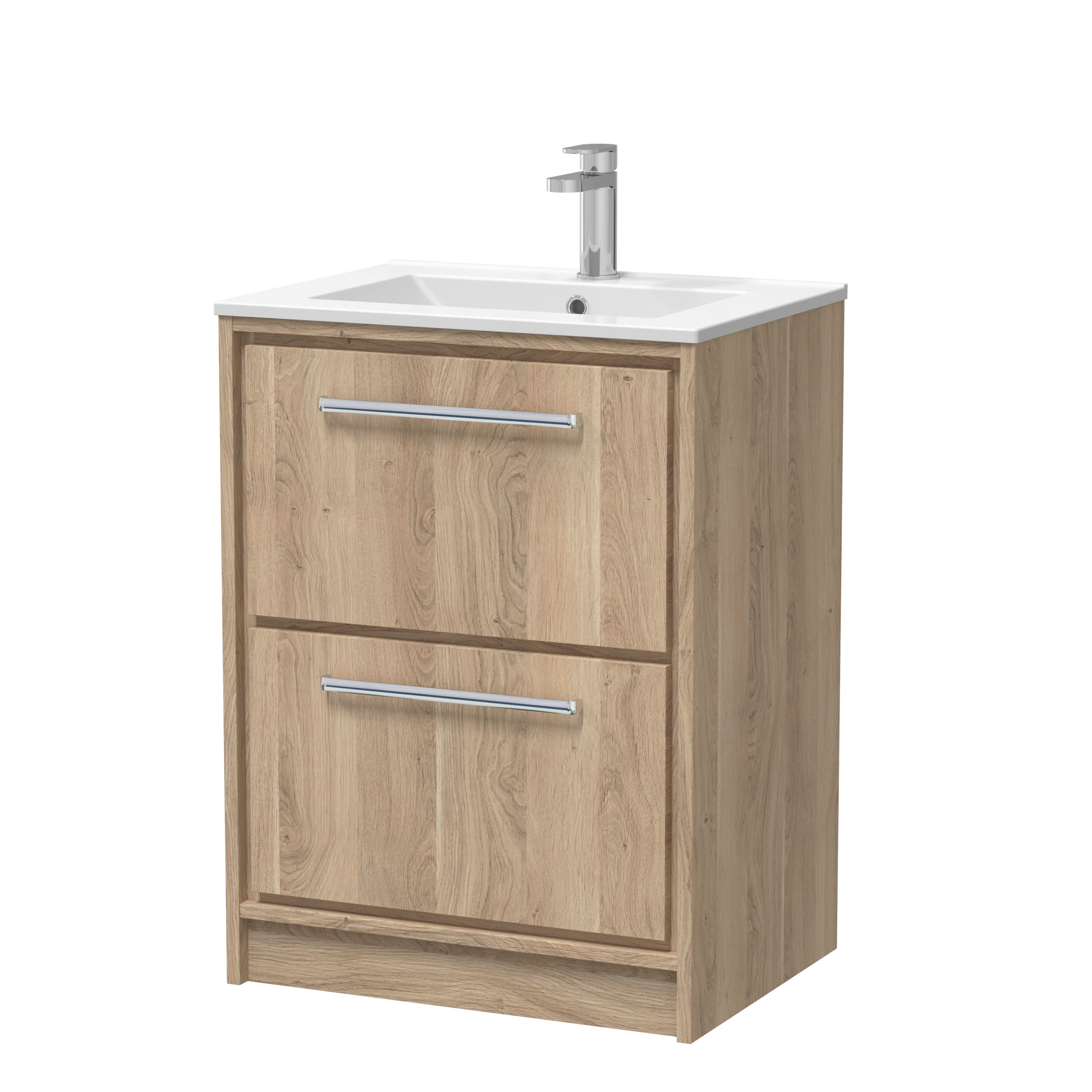 Hudson Reed Lille Floor Standing Vanity Unit with Basin 1 Tap Hole, 2 Soft Close Drawers, Modern Sink Cabinet for Bathroom Storage in Bleached Oak Finish, 600mm