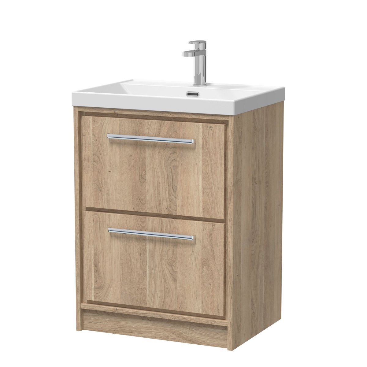 Hudson Reed Lille Floor Standing Vanity Unit with Basin 1 Tap Hole, 2 Soft Close Drawers, Compact Sink Cabinet for Modern Bathroom Storage in Bleached Oak Finish, 600mm