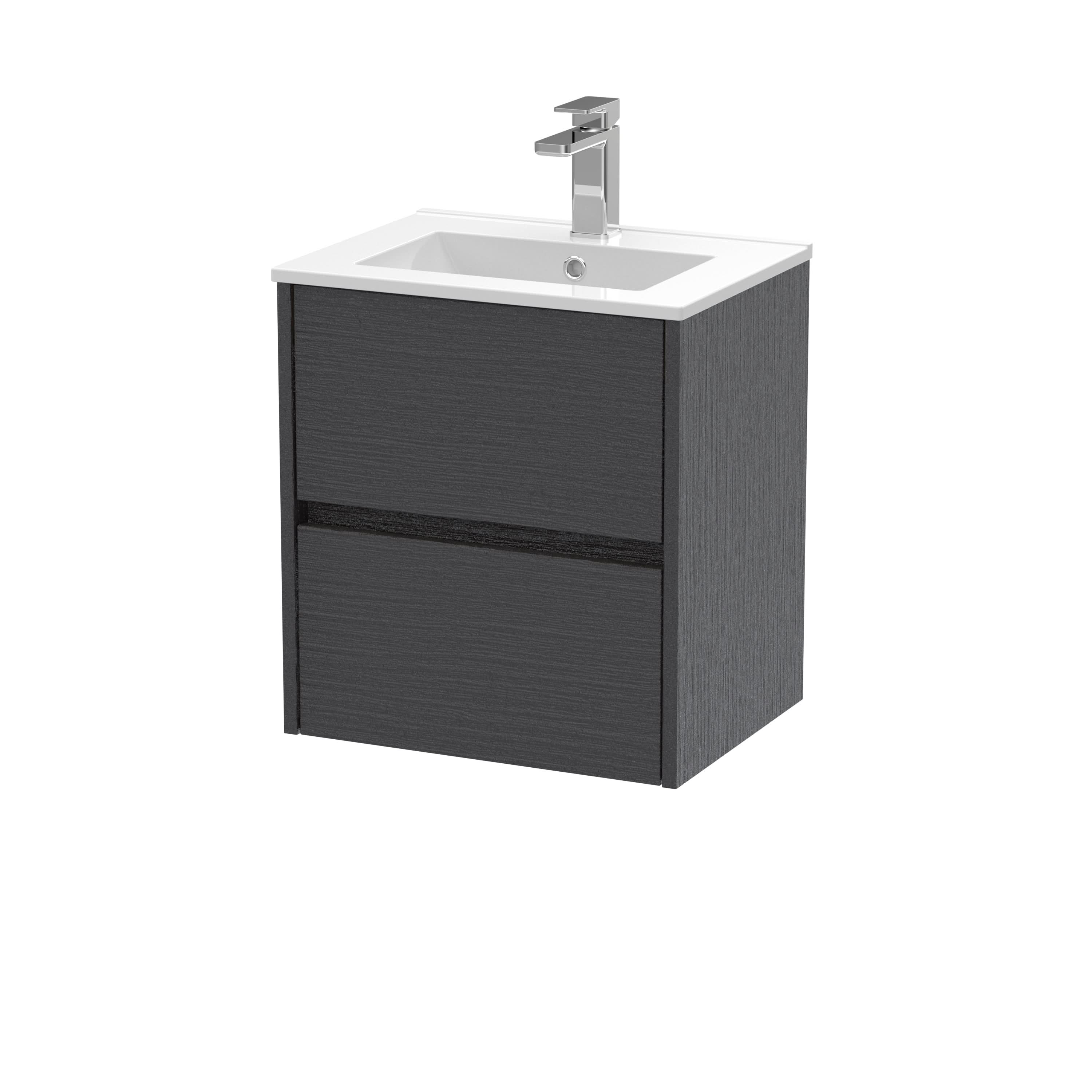 Nuie Havana Wall Hung 2 Drawer Vanity Unit & Minimalist Ceramic Basin, Contemporary Sink Vanity Unit in Graphite Grey with White Basin, 500mm