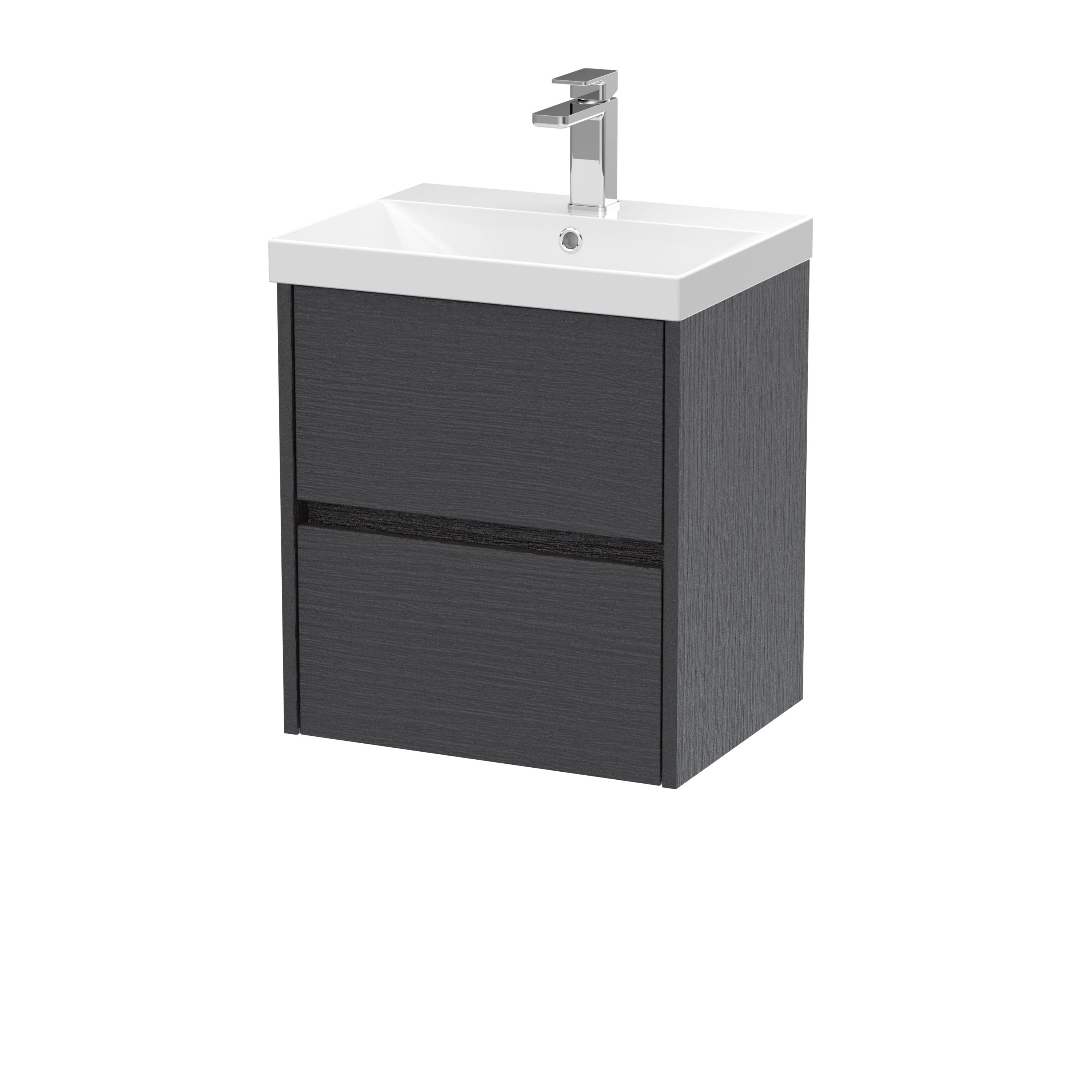 Nuie Havana Wall Hung 2 Drawer Vanity Unit & Thin-Edge Ceramic Basin, Contemporary Sink Vanity Unit in Graphite Grey with White Basin, 500mm