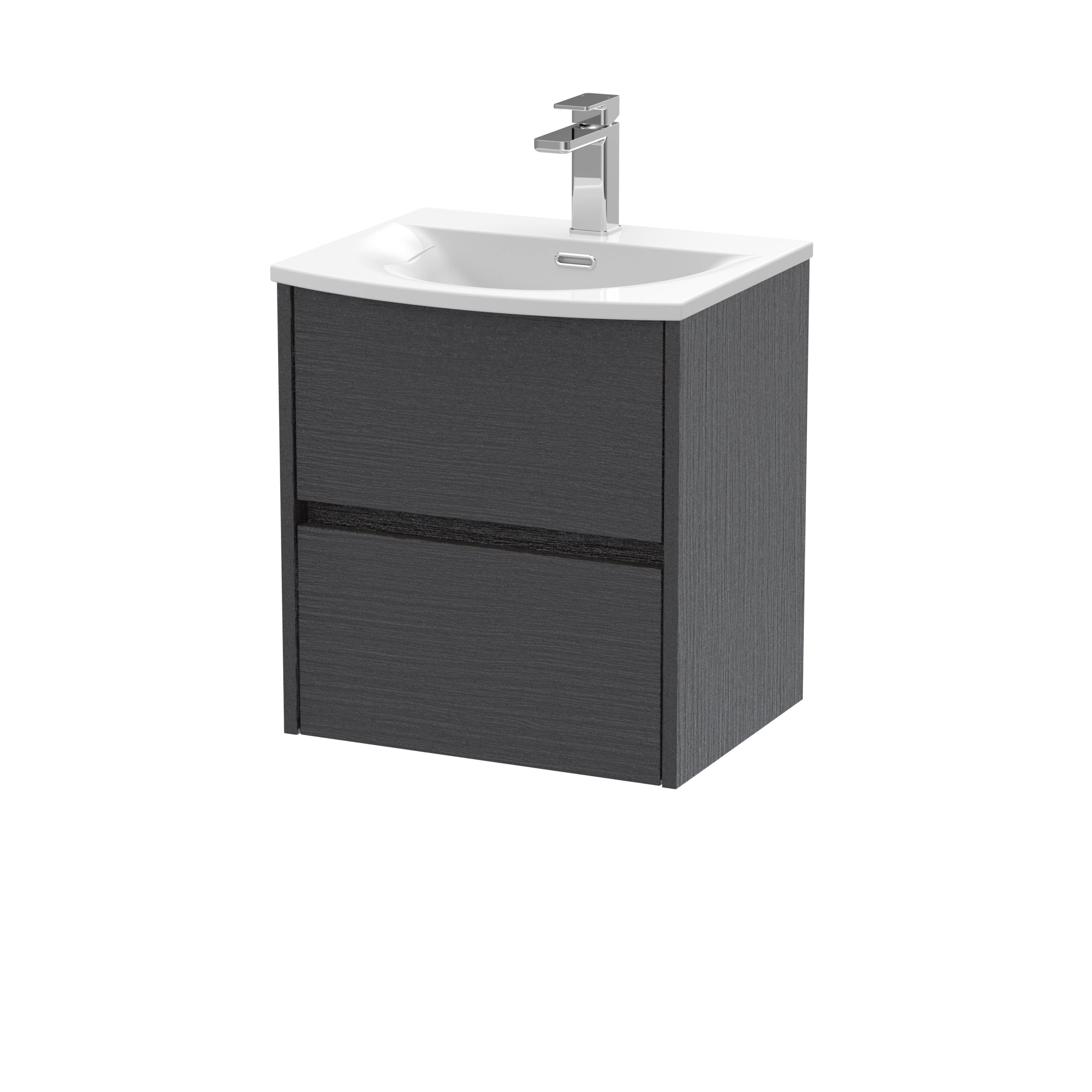 Nuie Havana Wall Hung 2 Drawer Vanity Unit & Curved Ceramic Basin, Contemporary Sink Vanity Unit in Graphite Grey with White Basin, 500mm