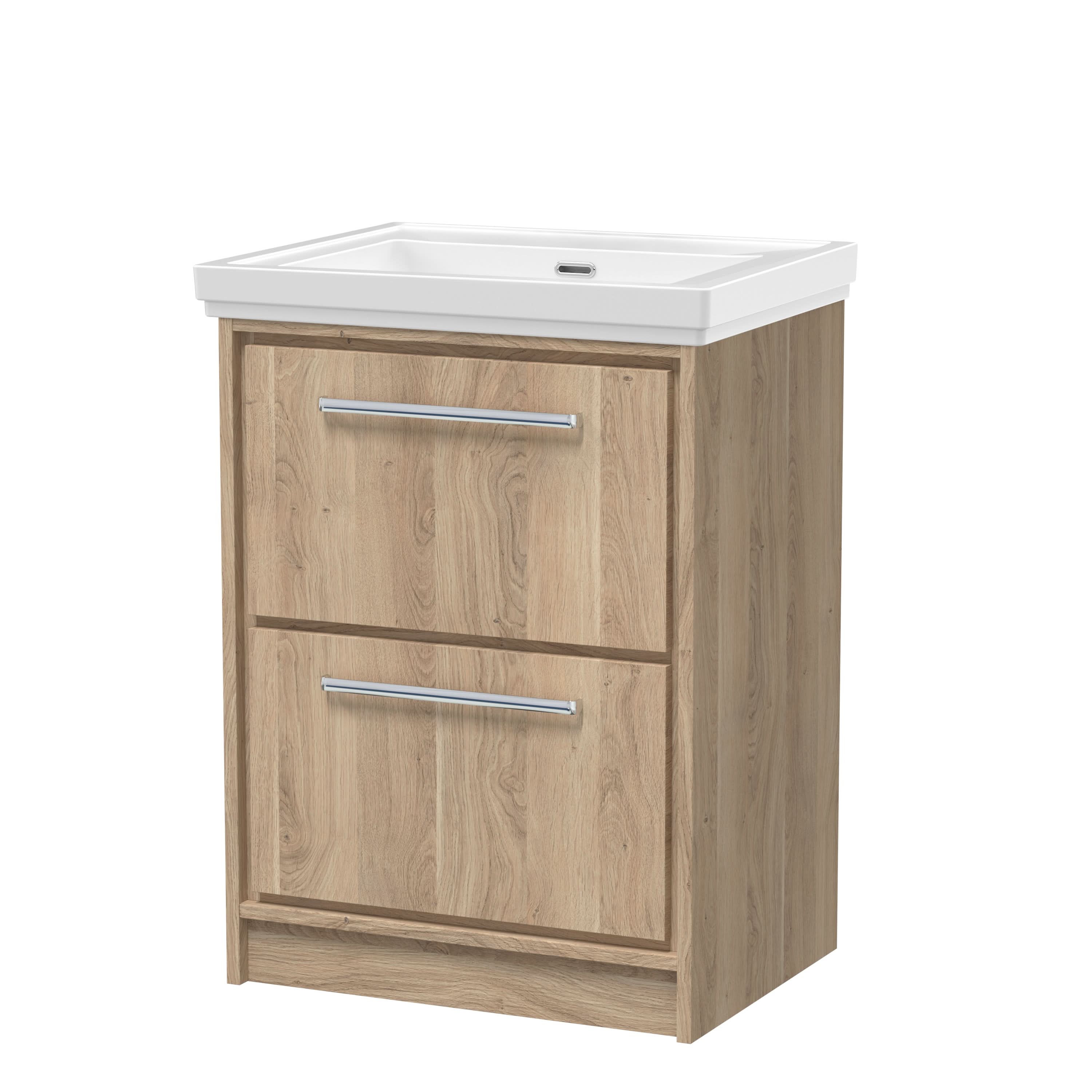Hudson Reed Lille Floor Standing Vanity Unit with Fireclay Basin, 2 Soft Close Drawers, Modern Sink Cabinet for Bathroom Storage in Bleached Oak, 600mm
