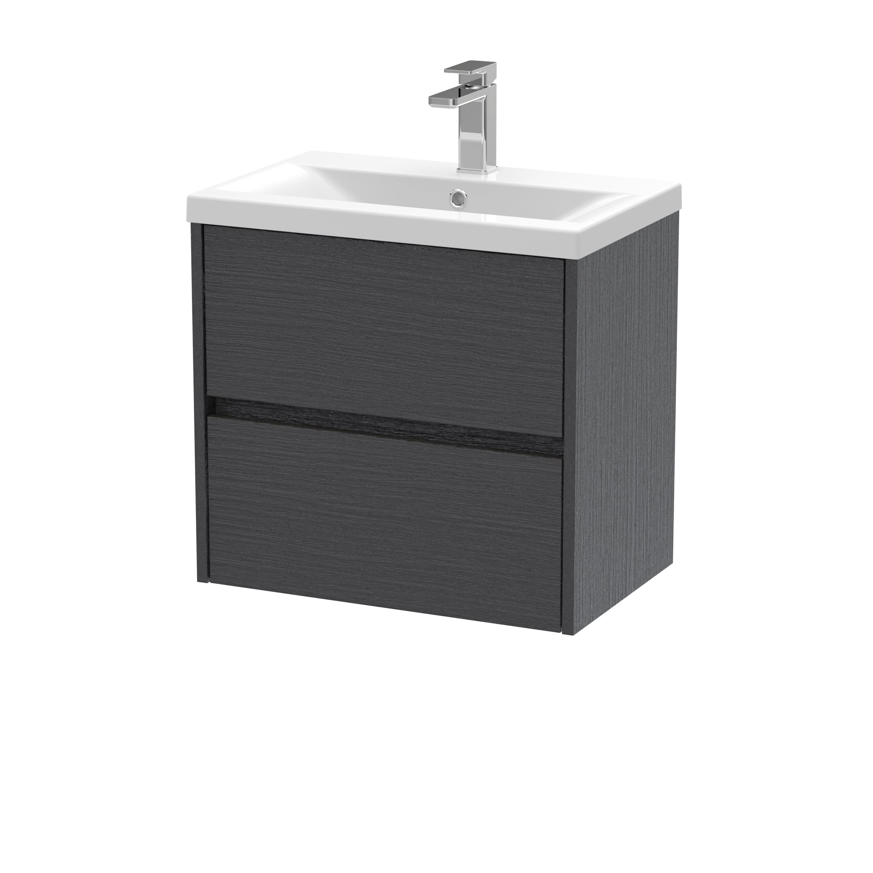 Nuie Havana Wall Hung 2 Drawer Vanity Basin Unit & Mid-Edge Ceramic Basin, Modern Sink Vanity Unit in Graphite Grey with White Basin, 600mm
