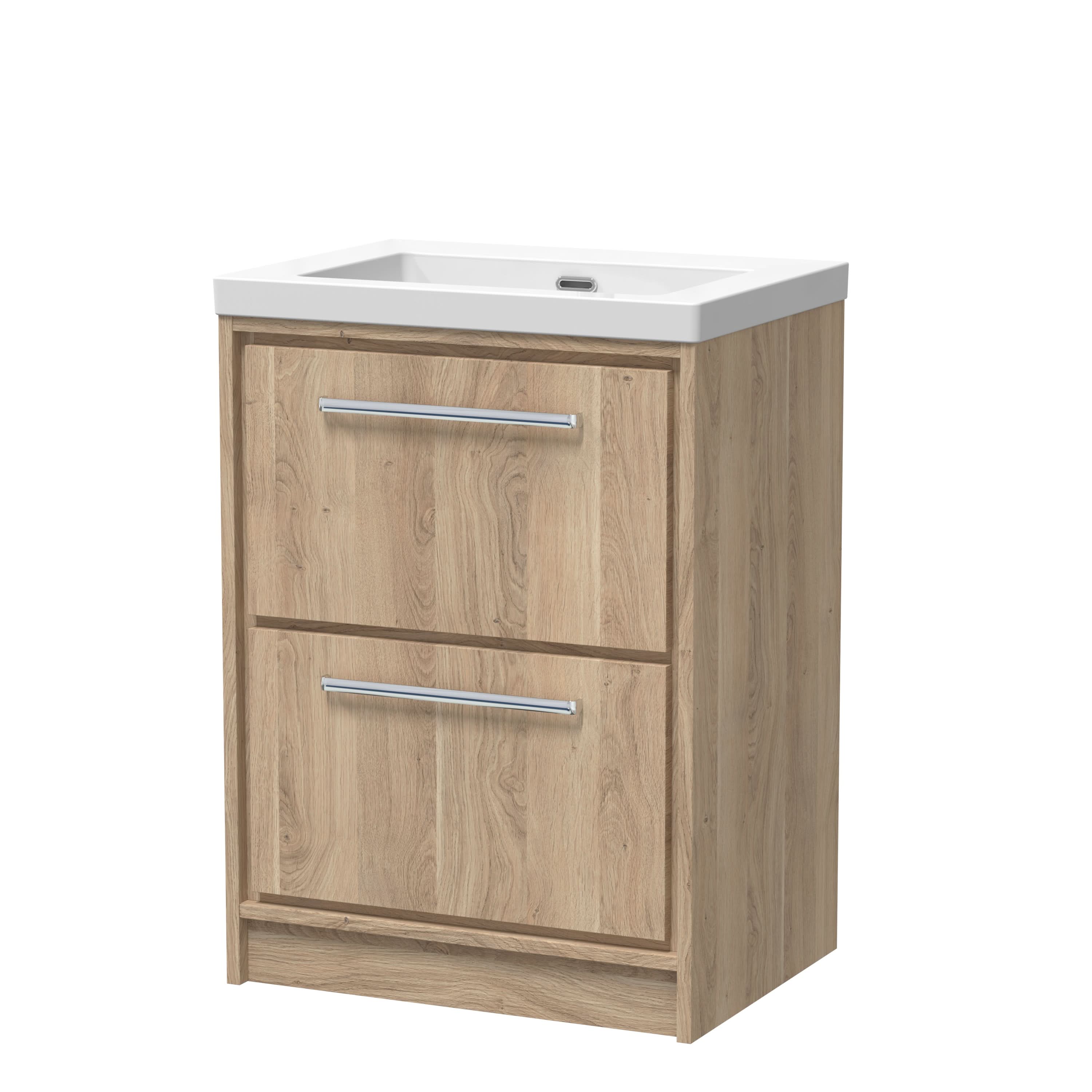 Hudson Reed Lille Floor Standing Vanity Unit with Fireclay Basin, 2 Soft Close Drawers, Bathroom Sink Cabinet for Modern Vanity in Bathroom in Bleached Oak, 600mm