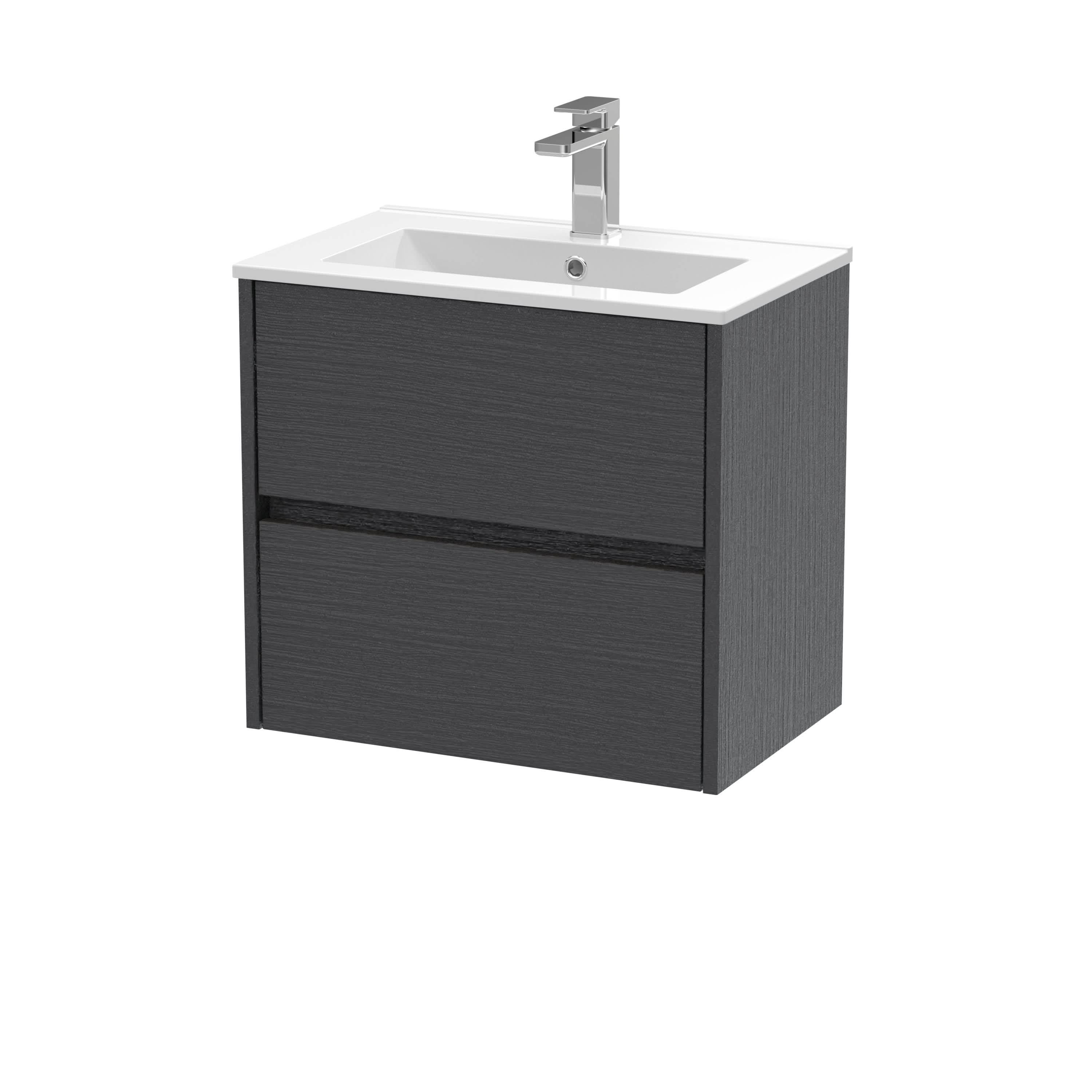 Nuie Havana Wall Hung 2 Drawer Vanity Basin Unit & Minimalist Ceramic Basin, Modern Sink Vanity Unit in Graphite Grey with White Basin, 600mm