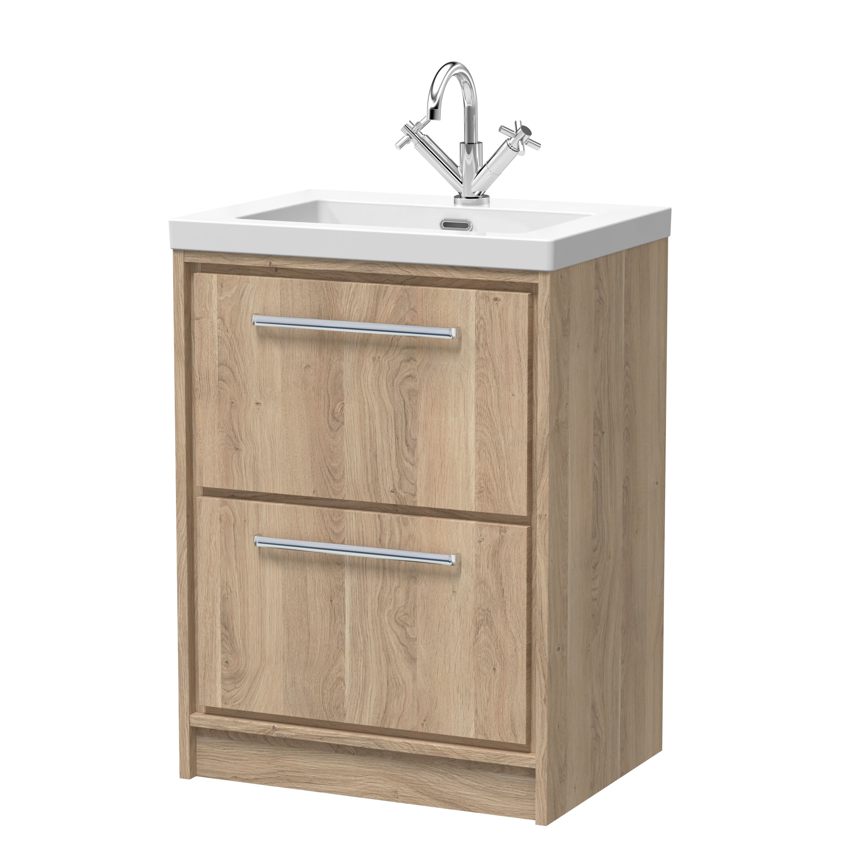 Hudson Lille Floor Standing Vanity Unit with 2 Soft Close Drawers & 3 Tap Hole Fireclay Basin, Modern Sink Vanity Unit for Bathroom Storage & Style in Bleached Oak, 600mm