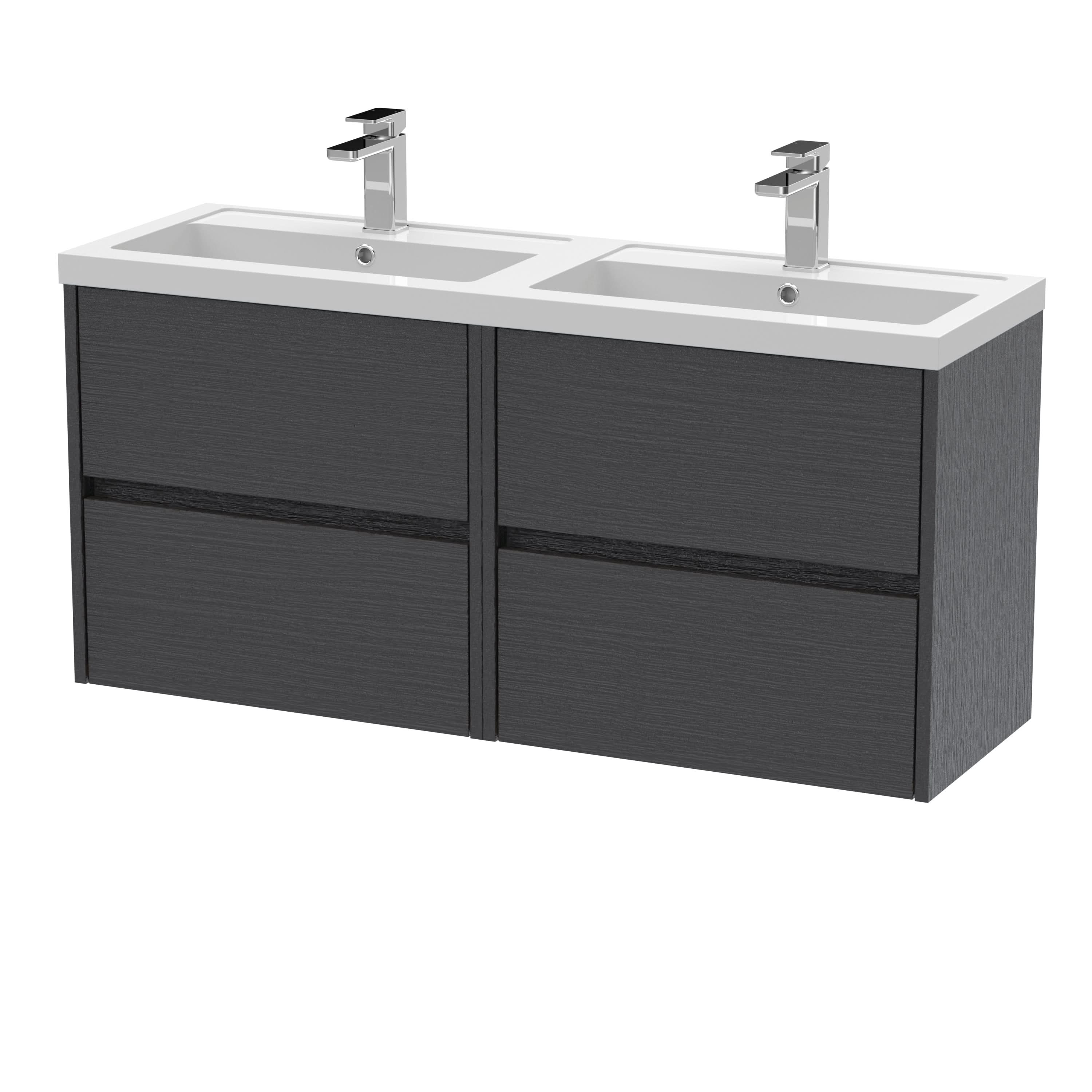 Nuie Havana Wall Hung 4 Drawer Vanity Basin Unit & Double Polymarble Basin, Modern Sink Vanity Unit in Graphite Grey with White Basin, 1200mm