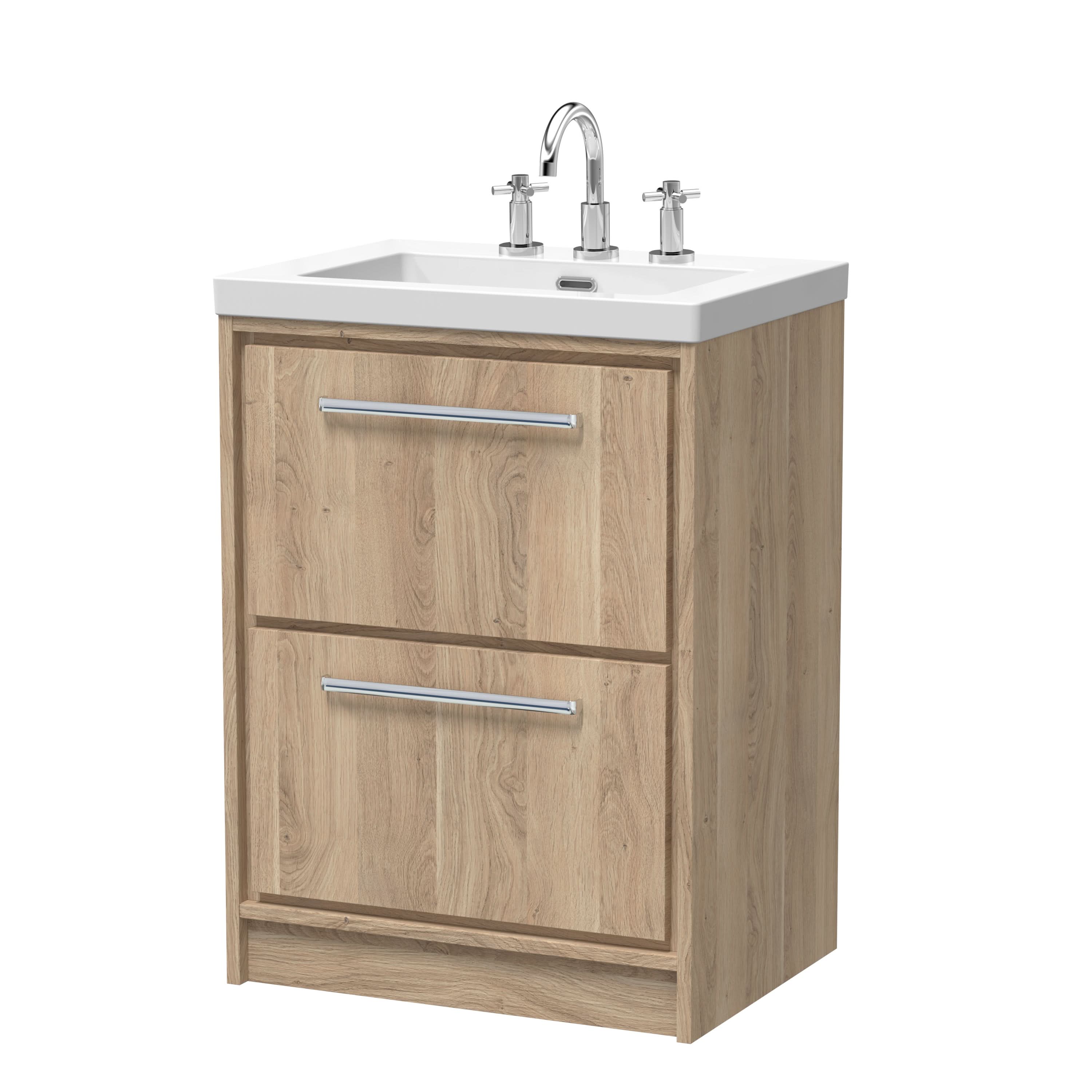 Hudson Reed Lille Floor Standing Vanity Unit with 3 Tap Hole Basin, 2 Soft Close Drawers, Modern Bathroom Vanity Unit with Basin in Bleached Oak, 600mm