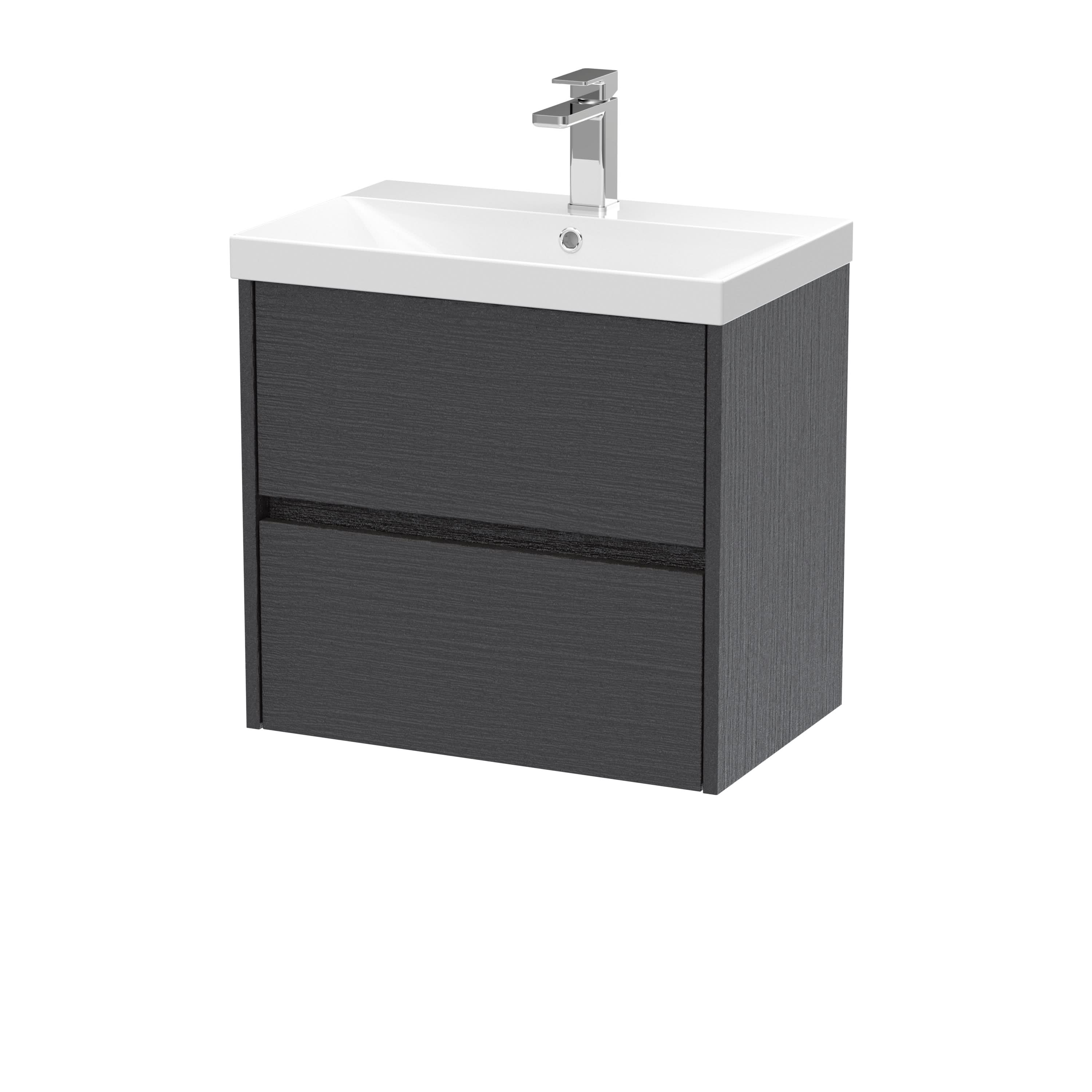 Nuie Havana Wall Hung 2 Drawer Vanity Basin Unit & Thin-Edge Ceramic Basin, Modern Sink Vanity Unit in Graphite Grey with White Basin, 600mm