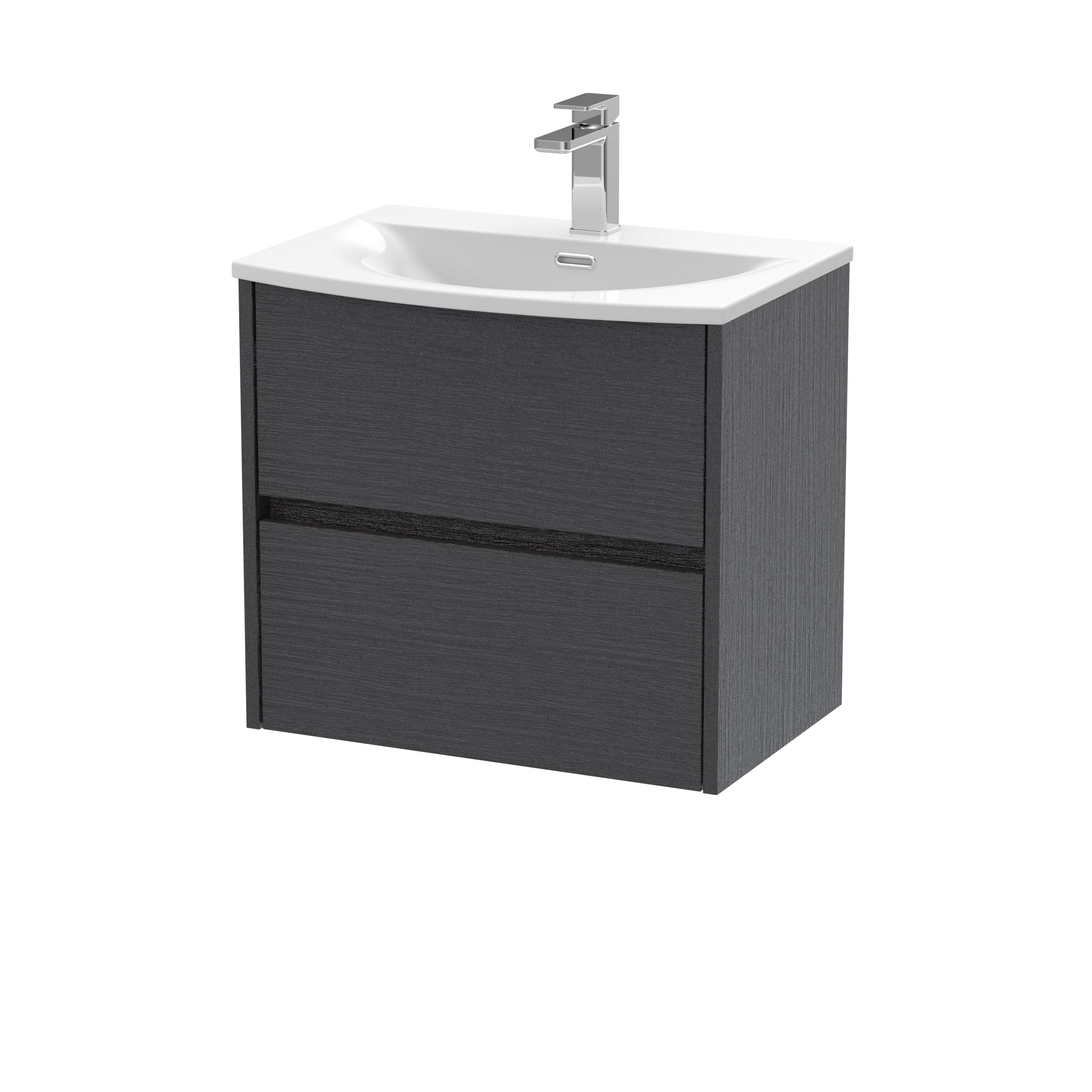 Nuie Havana Wall Hung 2 Drawer Vanity Basin Unit & Curved Ceramic Basin, Modern Sink Vanity Unit in Graphite Grey with White Basin, 600mm