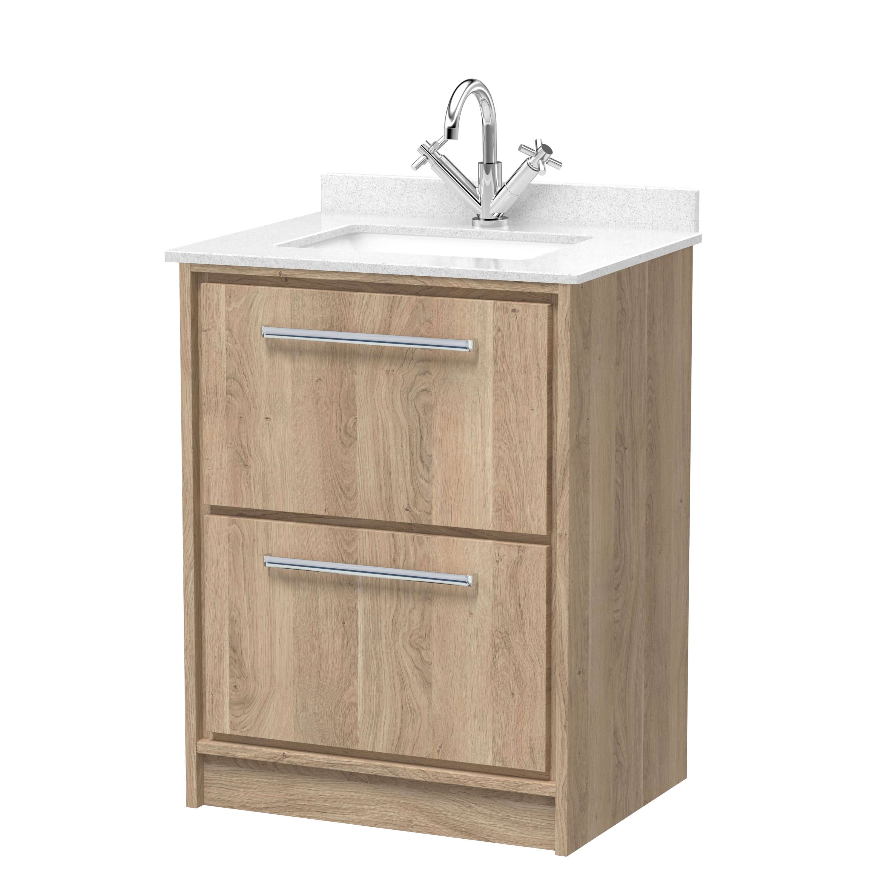 Hudson Reed Lille Floor Standing Vanity Unit with 2 Drawers, Marble Worktop & 1 Tap Hole Basin, Floor Standing Vanity Unit for Modern Bathrooms in Bleached Oak, 600mm
