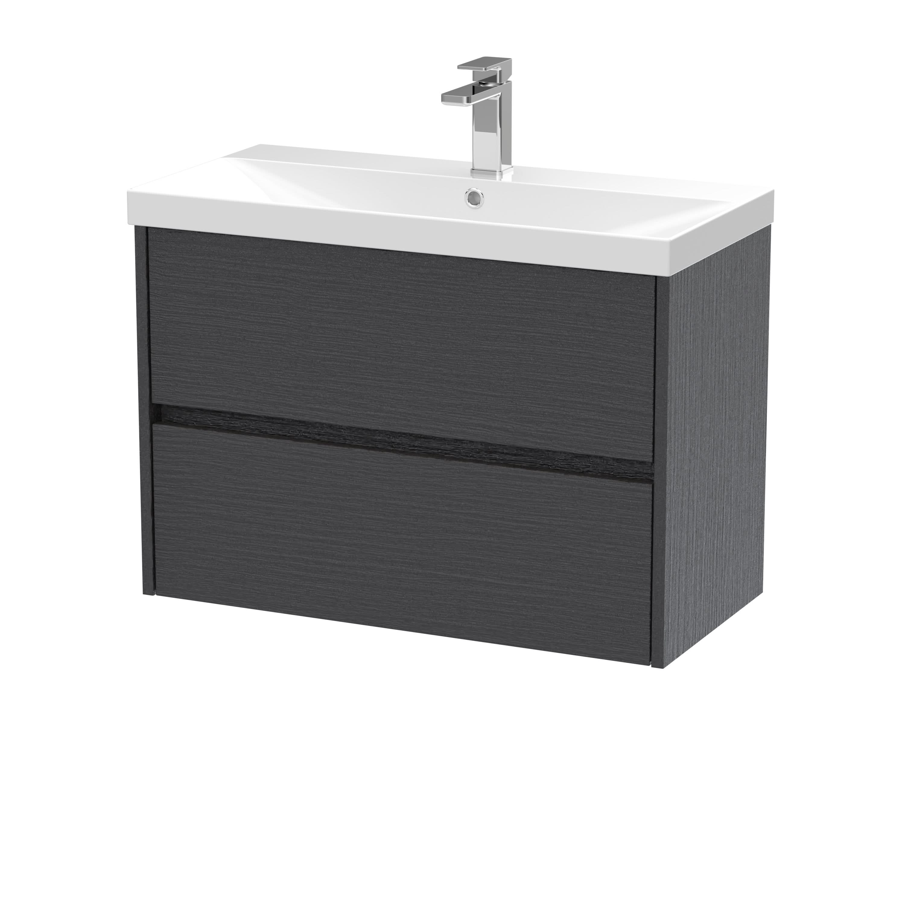 Nuie Havana Wall Hung 2 Drawer Vanity Basin Unit & Thin-Edge Ceramic Basin, Modern Sink Vanity Unit in Graphite Grey with White Basin, 800mm