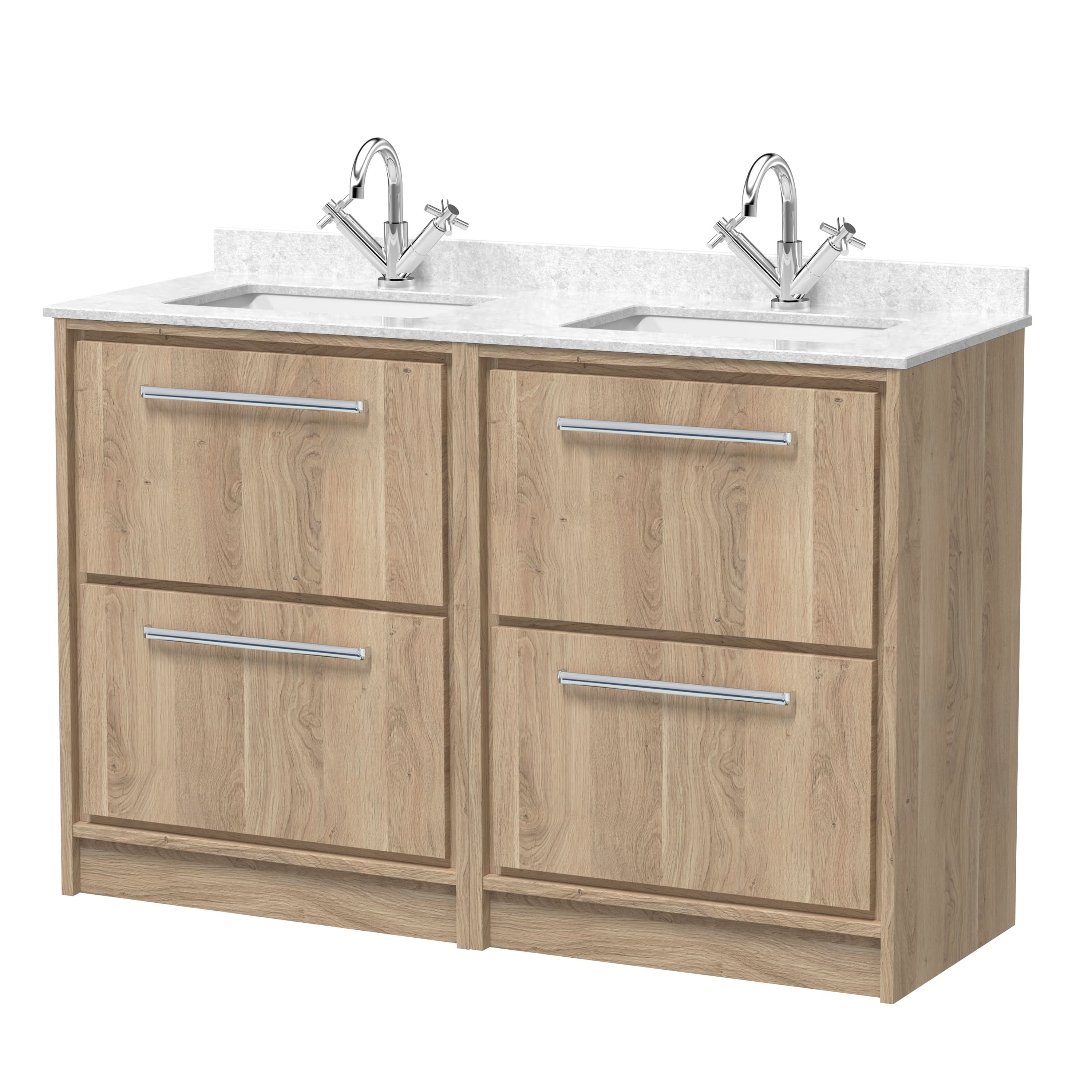 Hudson Reed Lille Floor Standing Vanity Unit with Double Marble Worktop Basin, Modern Bathroom Vanity Unit with Drawers, Sink Vanity Unit Bleached Oak, 1200mm
