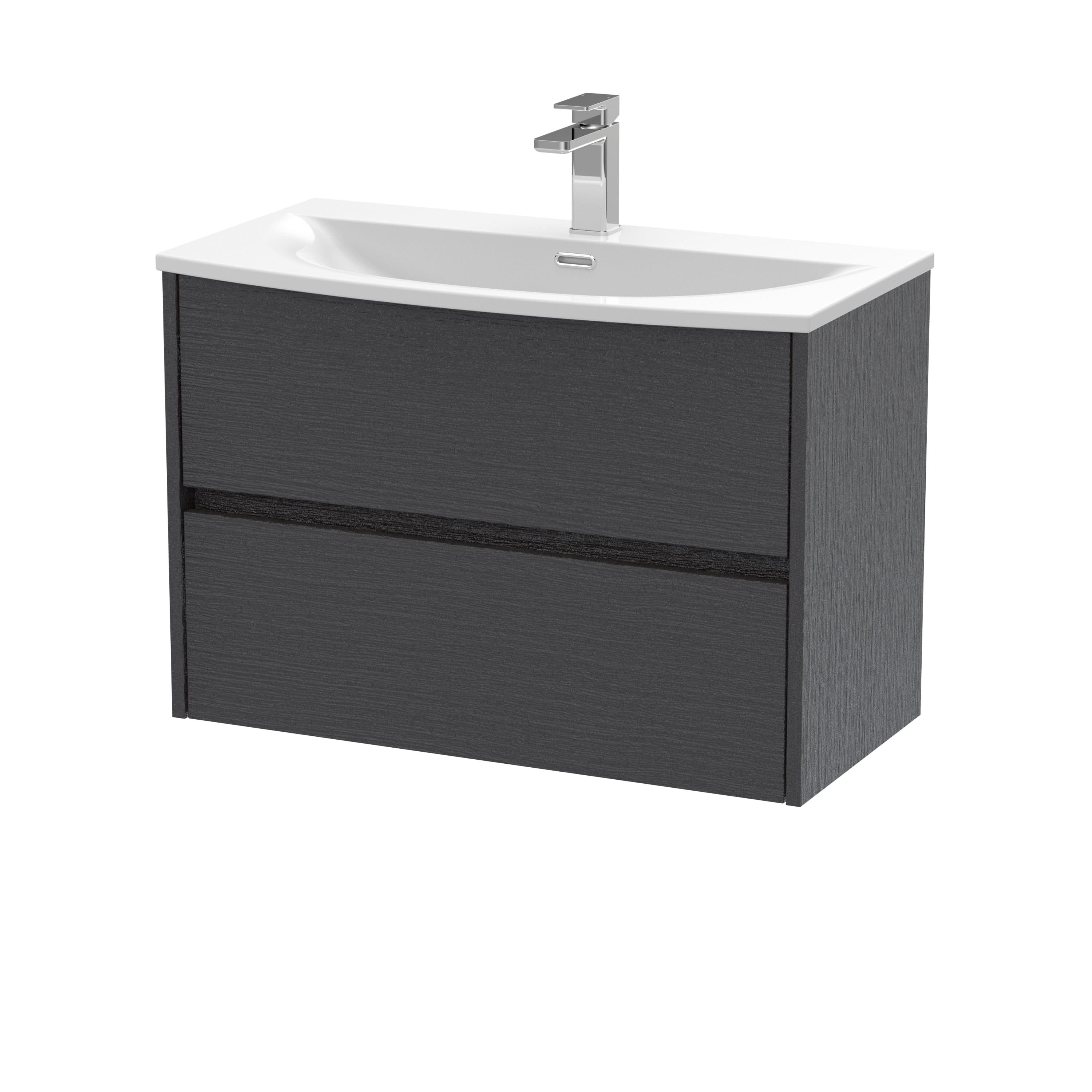 Nuie Havana Wall Hung 2 Drawer Vanity Basin Unit & Curved Ceramic Basin, Modern Sink Vanity Unit in Graphite Grey with White Basin, 800mm