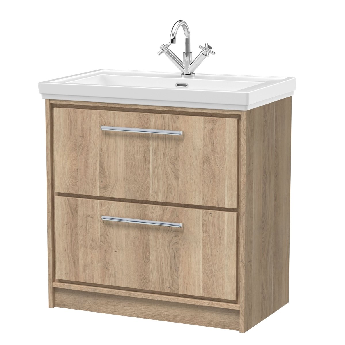 Hudson Reed Lille Floor Standing Vanity Unit with Fireclay Basin 1 Tap Hole, Sink Vanity Unit for Modern Bathroom, 2-Drawer Vanity Unit in Bleached Oak, 800mm