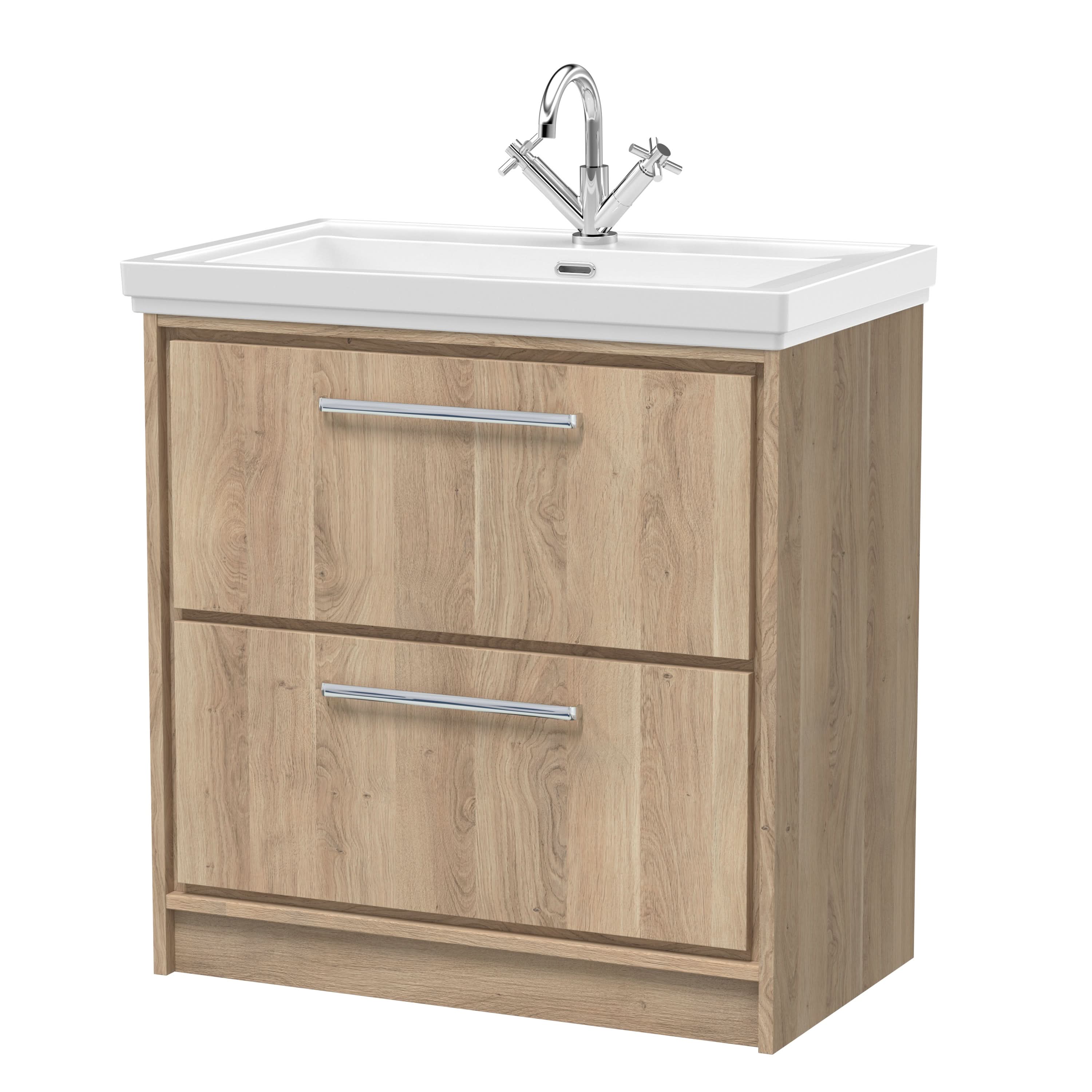 Hudson Reed Lille Floor Standing Vanity Unit with Fireclay Basin 1 Tap Hole, Sink Vanity Unit for Modern Bathroom, 2-Drawer Vanity Unit in Bleached Oak, 800mm