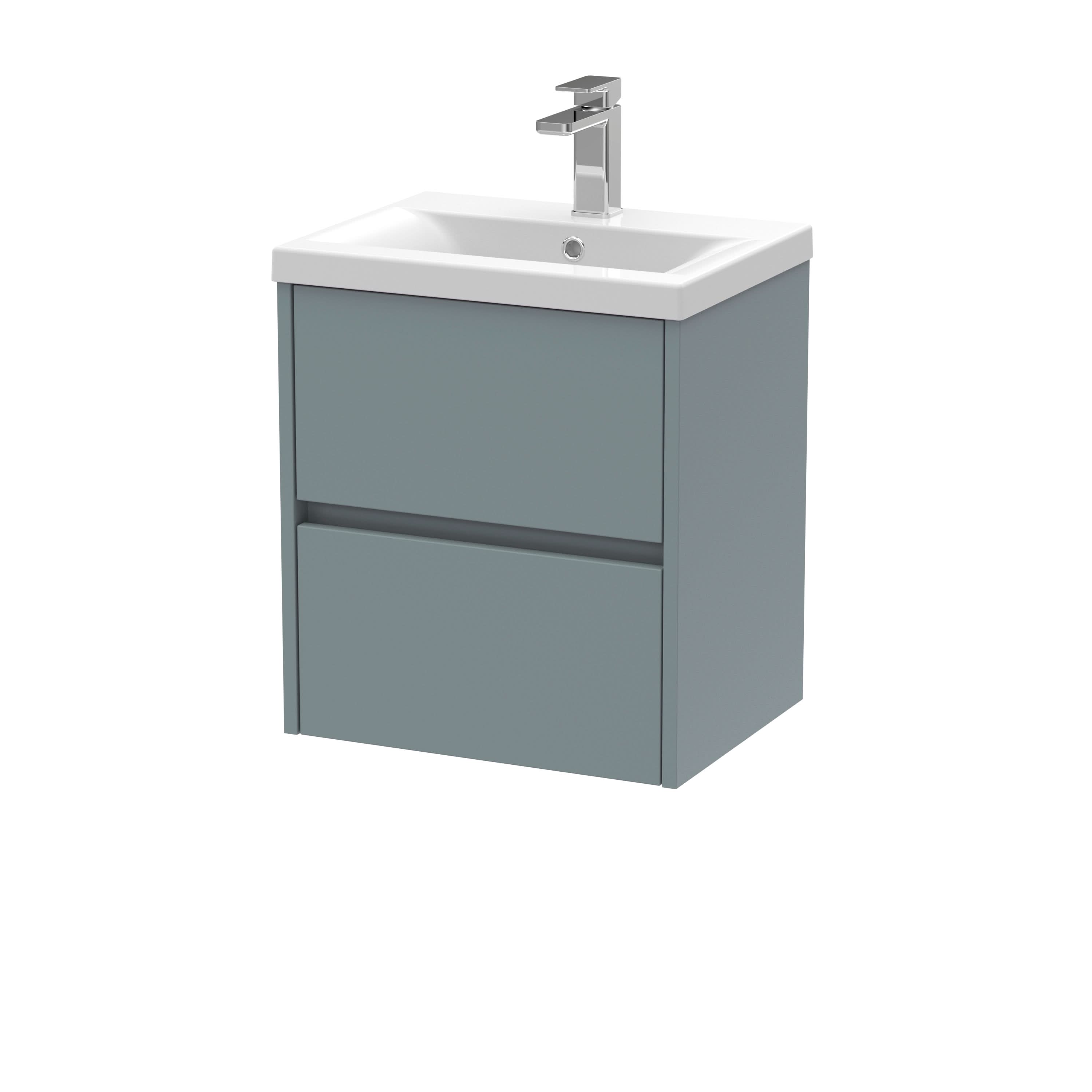 Nuie Havana Wall Hung 2 Drawer Vanity Basin Unit & Mid-Edge Ceramic Basin, Modern Sink Vanity Unit in Coastal Grey with White Basin, 500mm